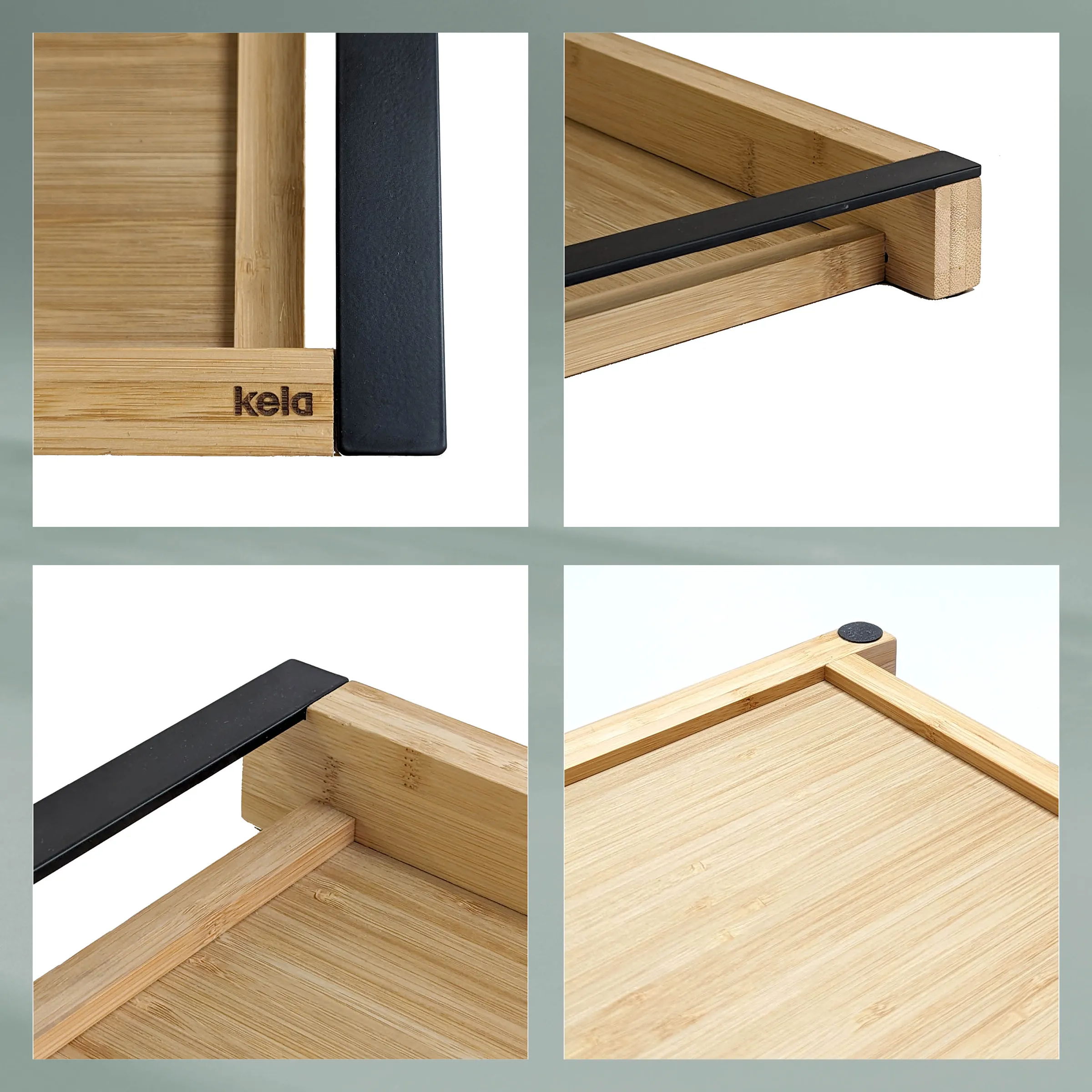 Kela Bambus Tablett mit schwarzem Griff - Holzserviertablett Kela Holztablett mit schwarzem Griff und Griffen aus Bambus, mehrere Detailansichten zeigen die Konstruktion