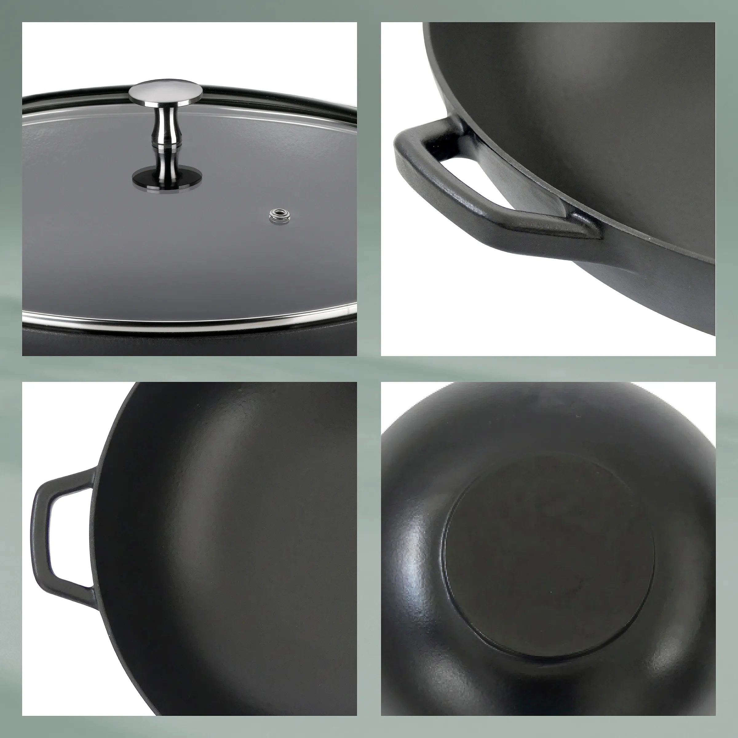 Schwarzer Kochtopf mit Glasdeckel - Küchenprodukt Details Vier Detailansichten eines schwarzen Kochtopfs mit Glaskern: Deckelgriff, Griff, Seitenprofil und Innenboden