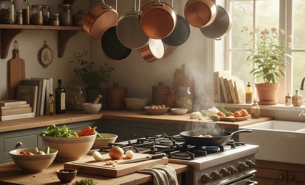 Modern kitchen featuring hanging copper pots, gas stove with pan, wooden countertop, fresh vegetables and herbs by window
