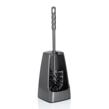 Schwarze Toilettenbürste mit Behälter, langer Griff und Bürstenköpfen aus Kunststoff-Material