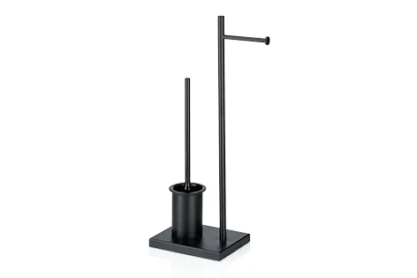 Badezimmer-Standgarnitur schwarz mit WC-Bürste und Papierhalter Schwarzes Badezimmer-Standset mit WC-Bürstenhalter, Toilettenpapierhalter und Handtuchhalter auf rechteckiger Basis