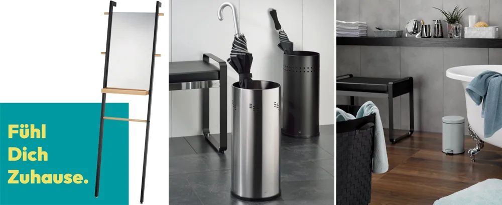 Badezimmer- und Haushaltszubehör: Handtuchleiter, Schirmständer und Aufbewahrungsbehälter in modernem Design