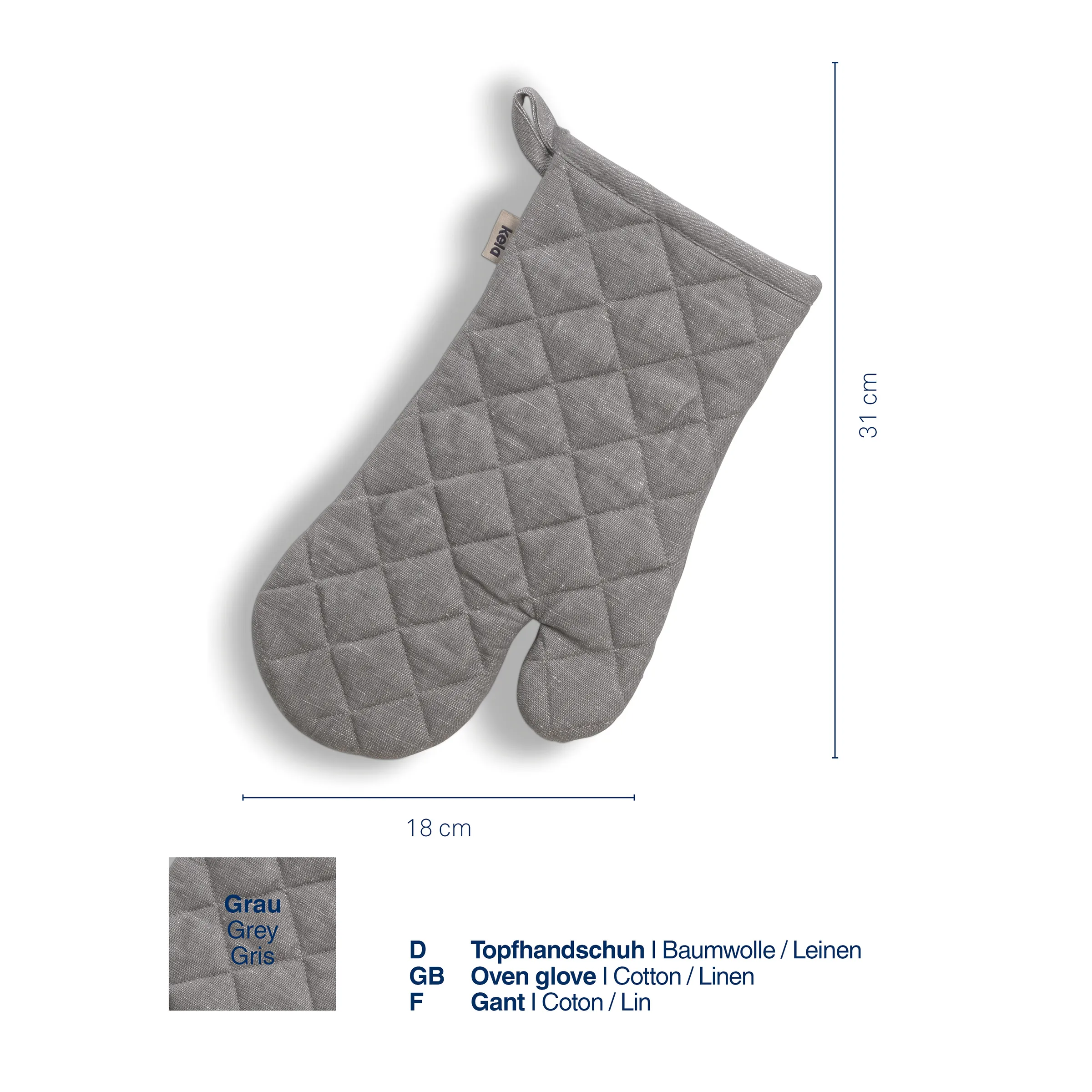 Topfhandschuh grau Baumwolle Leinen Küche Grauer Topfhandschuh aus Baumwolle und Leinen mit Steppung, 18 cm breit und 31 cm hoch, inklusive Aufhängeschlaufe