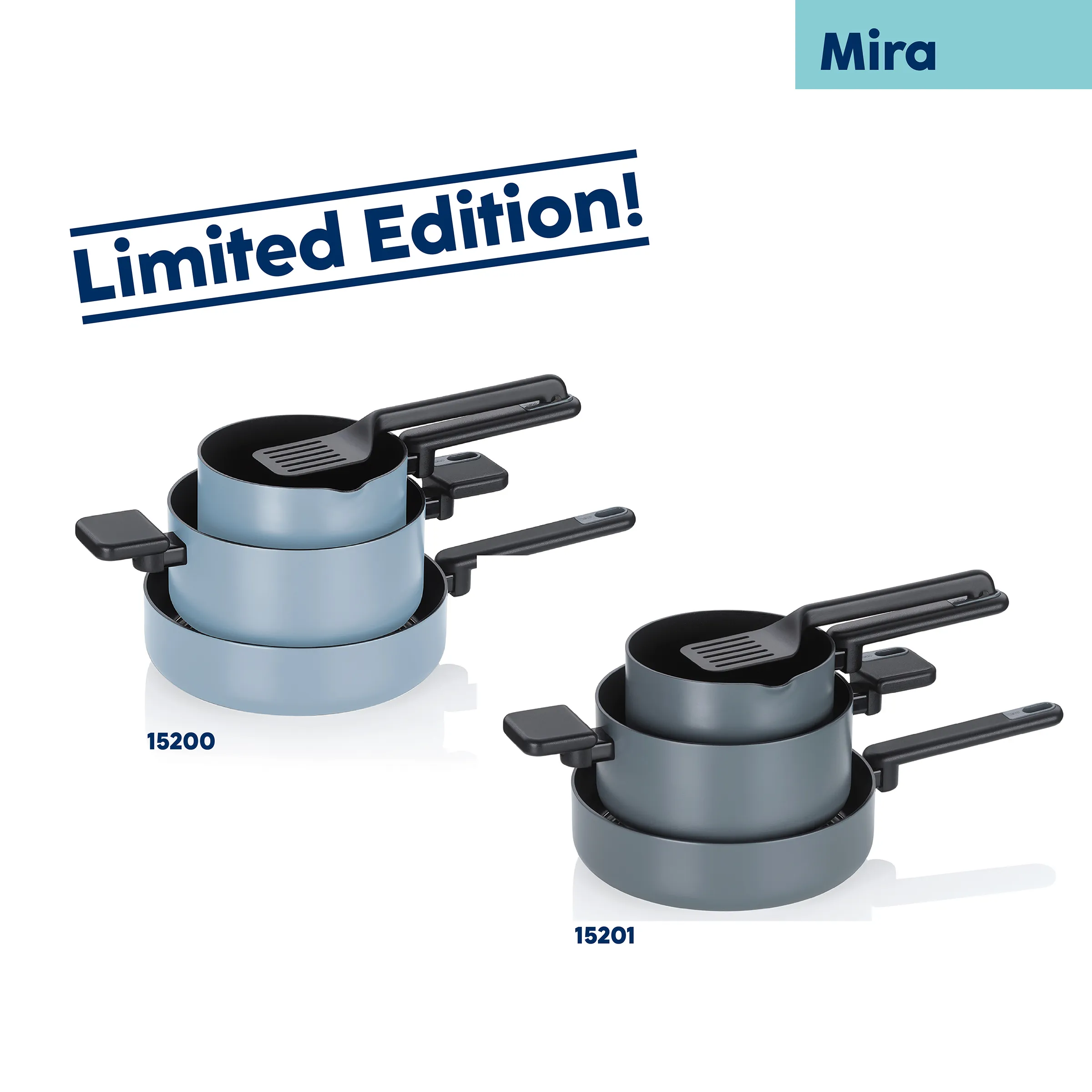 Mira Limited Edition Kochgeschirr-Set Antihaft Blaugrau Mira Limited Edition Kochgeschirr-Sets 15200 und 15201 in Blaugrau mit schwarzer Antihaftbeschichtung