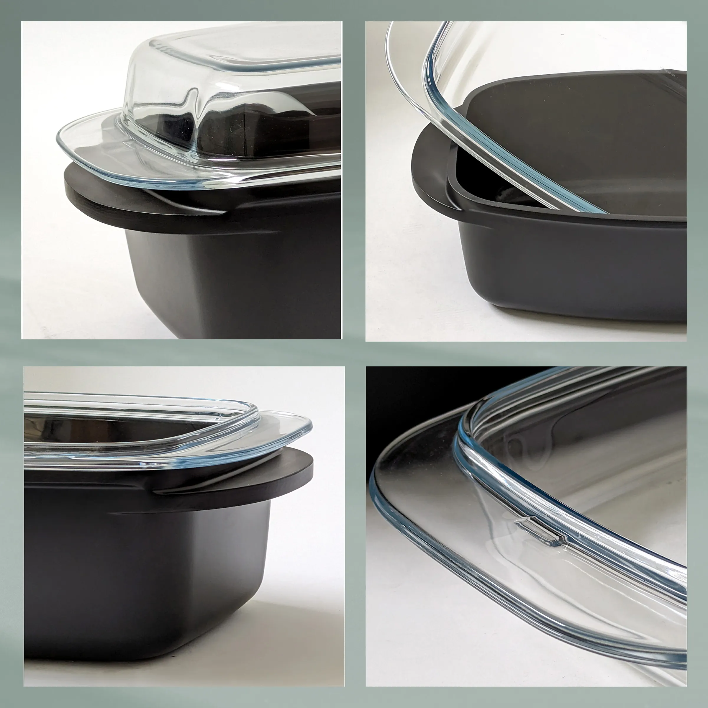 Kochpfanne mit Glasdeckel - Ergonomisches Kochgeschirr-Set Schwarze Kochpfanne mit transparentem Glasdeckel, verschiedene Detailaufnahmen der Griffweise und Deckeldesign
