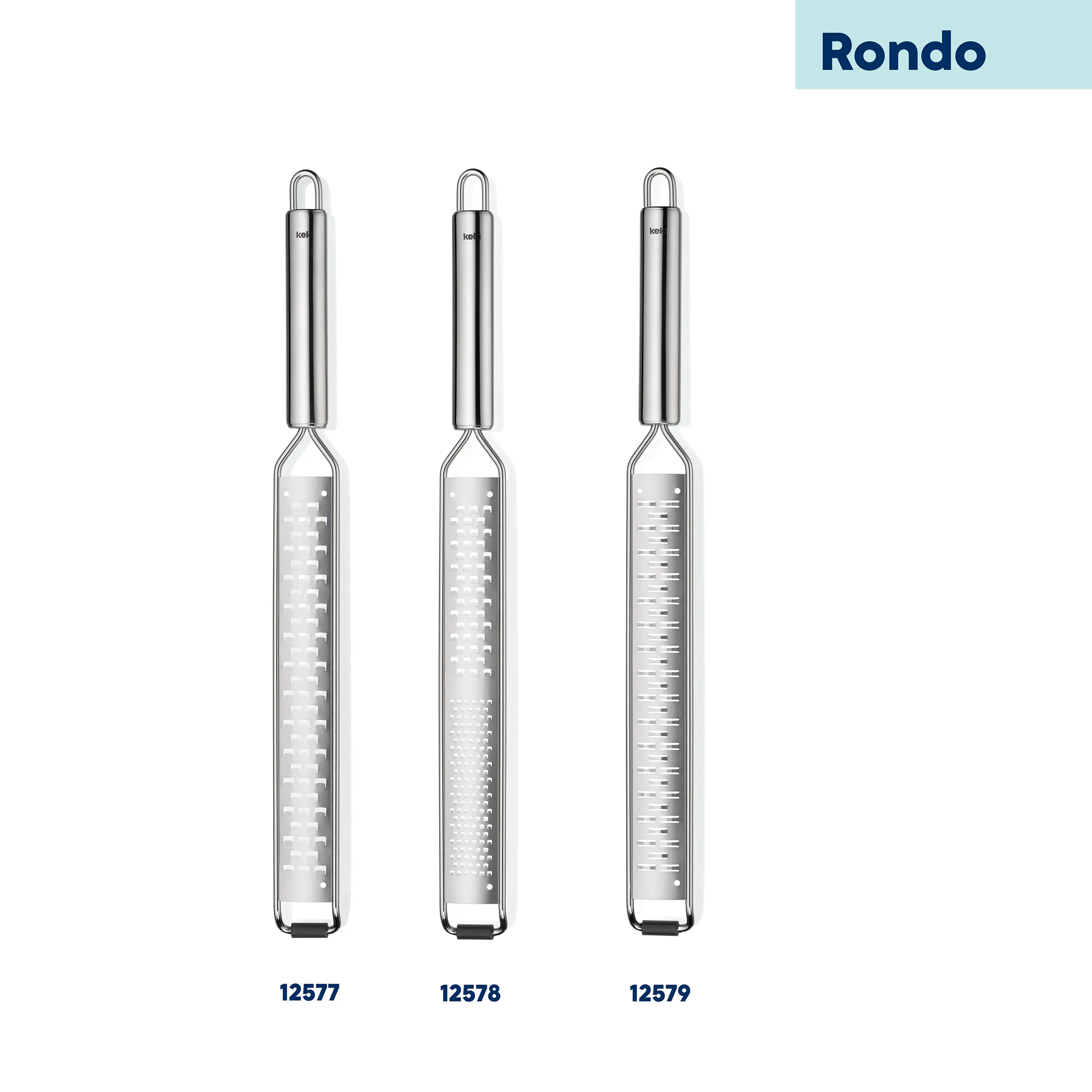 Rondo Küchenreiben Set - Edelstahl Reiben 3er Rondo Küchenreiben Set mit drei verschiedenen Reibeflächen in Edelstahl mit ergonomischen Griffen