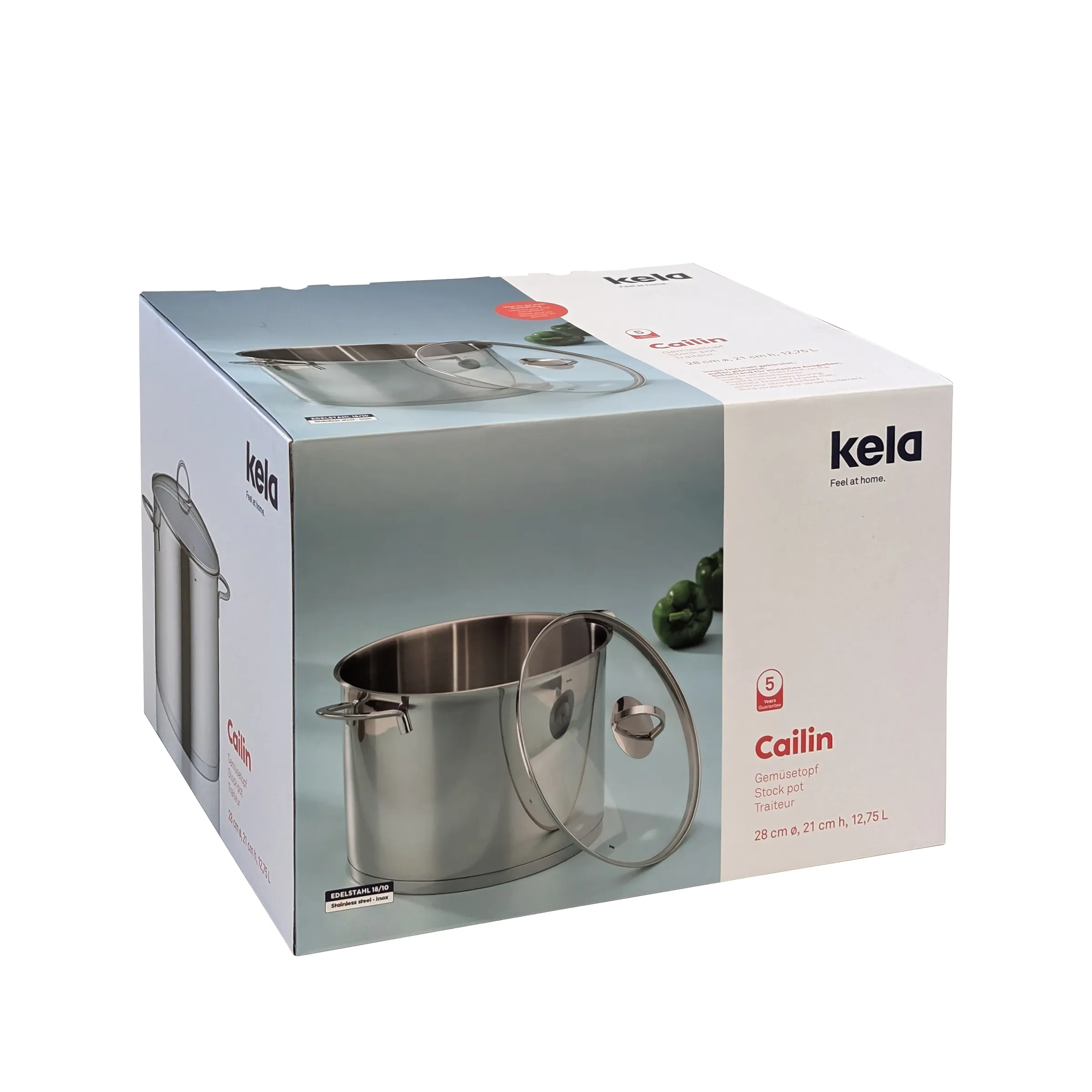 Kela Cailin Gemüsetopf Edelstahl 12,75L mit Glasdeckel - Stock Pot 28cm Kela Cailin Gemüsetopf aus Edelstahl mit Glasdeckel in Produktverpackung, 12,75 Liter, 28 cm Durchmesser