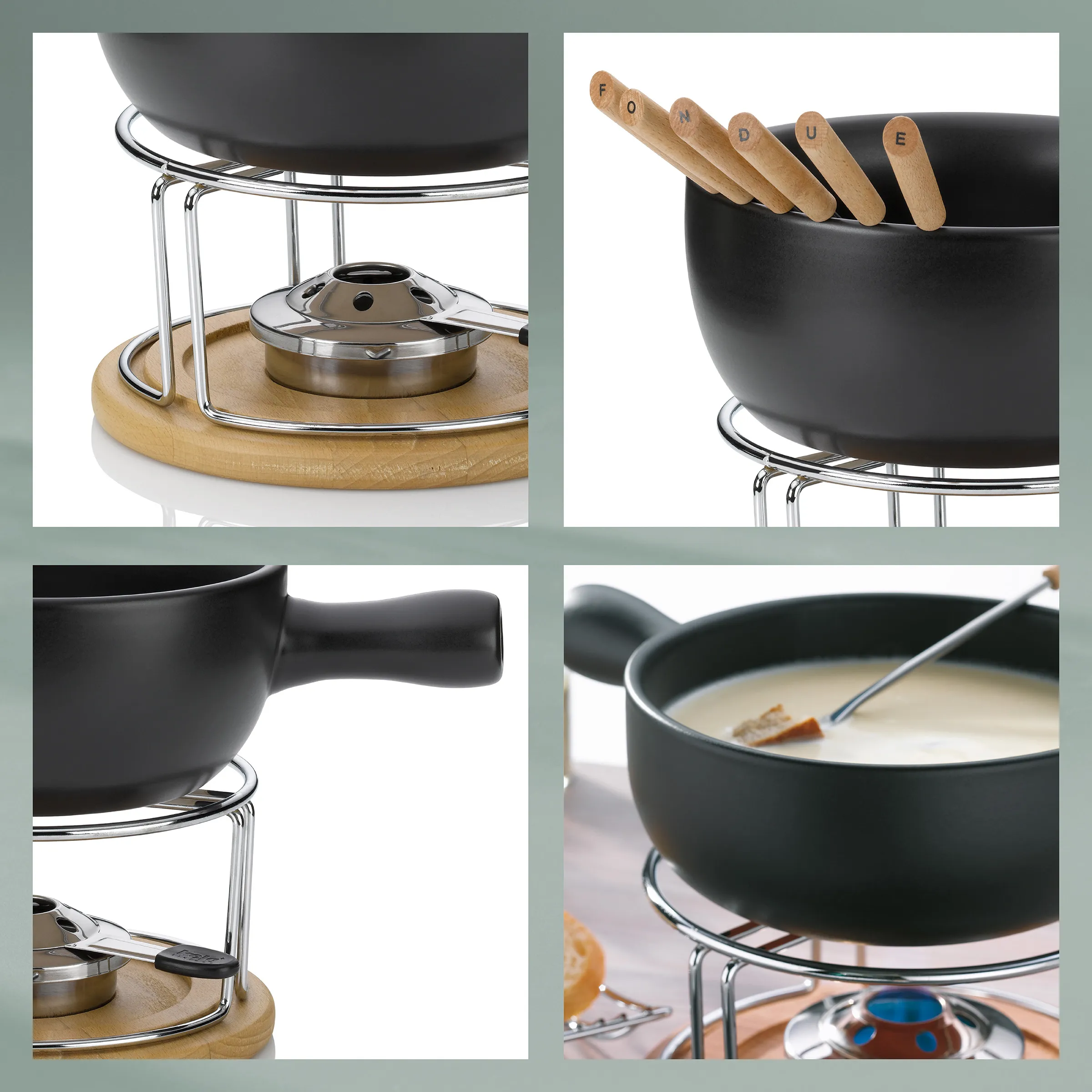 Fondue Set Käsefondue Topf Holzgabeln Fondue-Set mit schwarzem Topf, Holzständer, Stahlgestell und fünf Holzgabeln mit Buchstaben