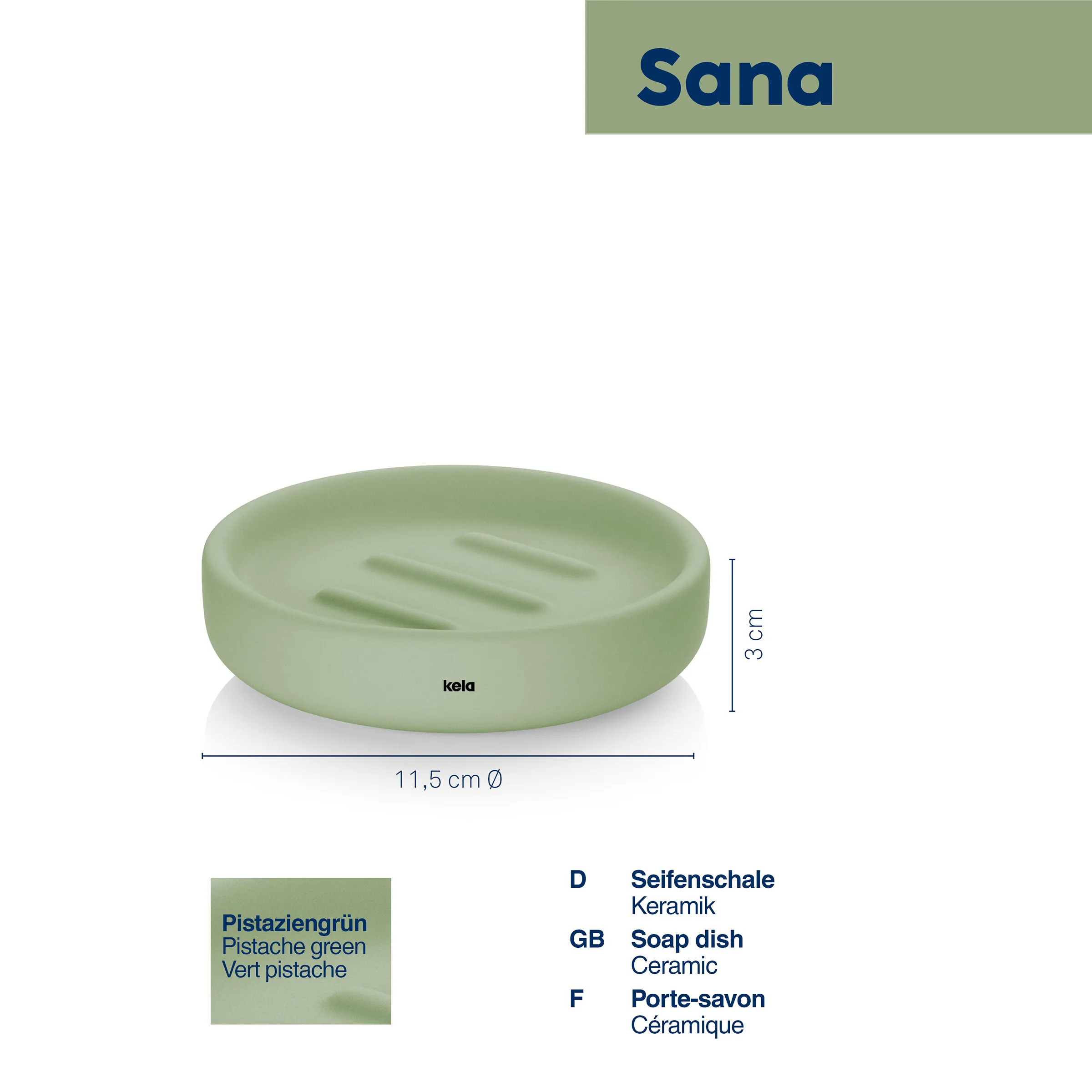 Sana Seifenschale Keramik Pistazie grün Grüne Seifenschale Sana aus Keramik mit Rillen, Durchmesser 11,5 cm, Höhe 3 cm