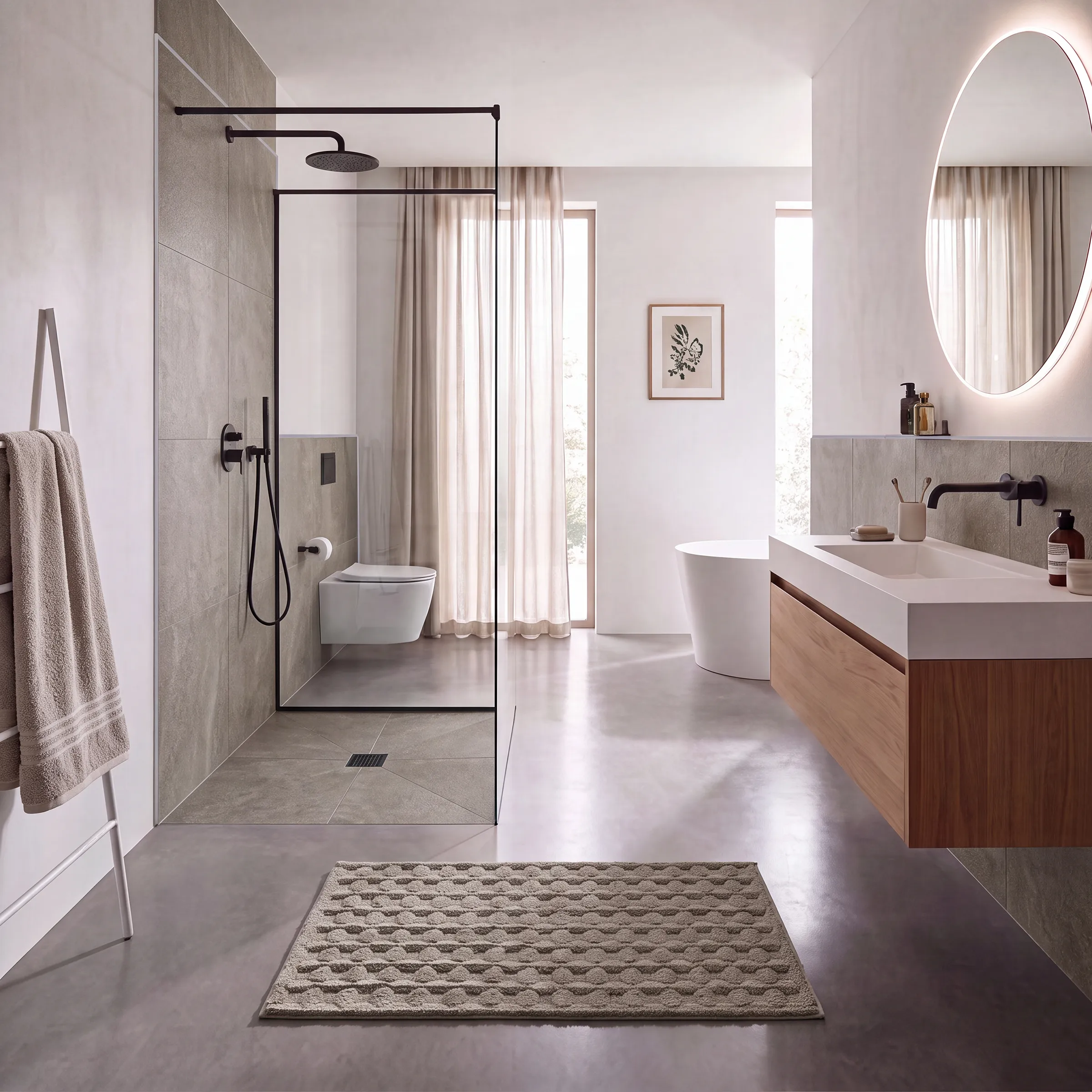 Modernes Badezimmer Design mit begehbarer Dusche und Badewanne Modernes Badezimmer mit begehbarer Dusche, freistehender Badewanne, Doppelwaschbecken und rundem beleuchteten Spiegel