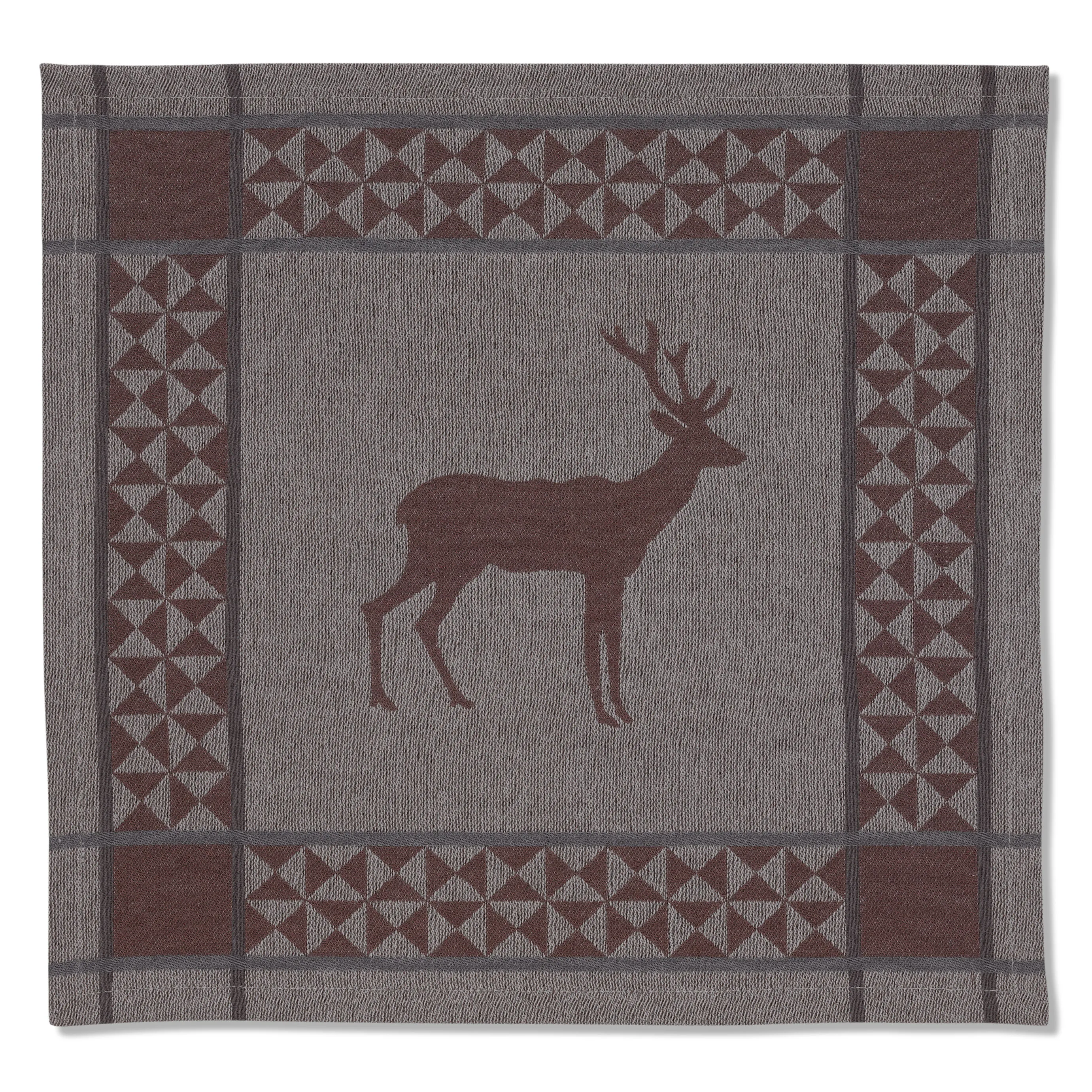Jacquard-Decke mit Hirschmotiv und Sternmuster – Wohndecke Grau-Braun Grau-braune Jacquard-Decke mit Hirschmotiv in der Mitte, umrahmt von geometrischem Sternmuster