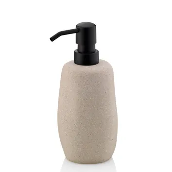 Beige Seifenspender mit Steinoptik und schwarzem Pumpenkopf aus Kunststoff
