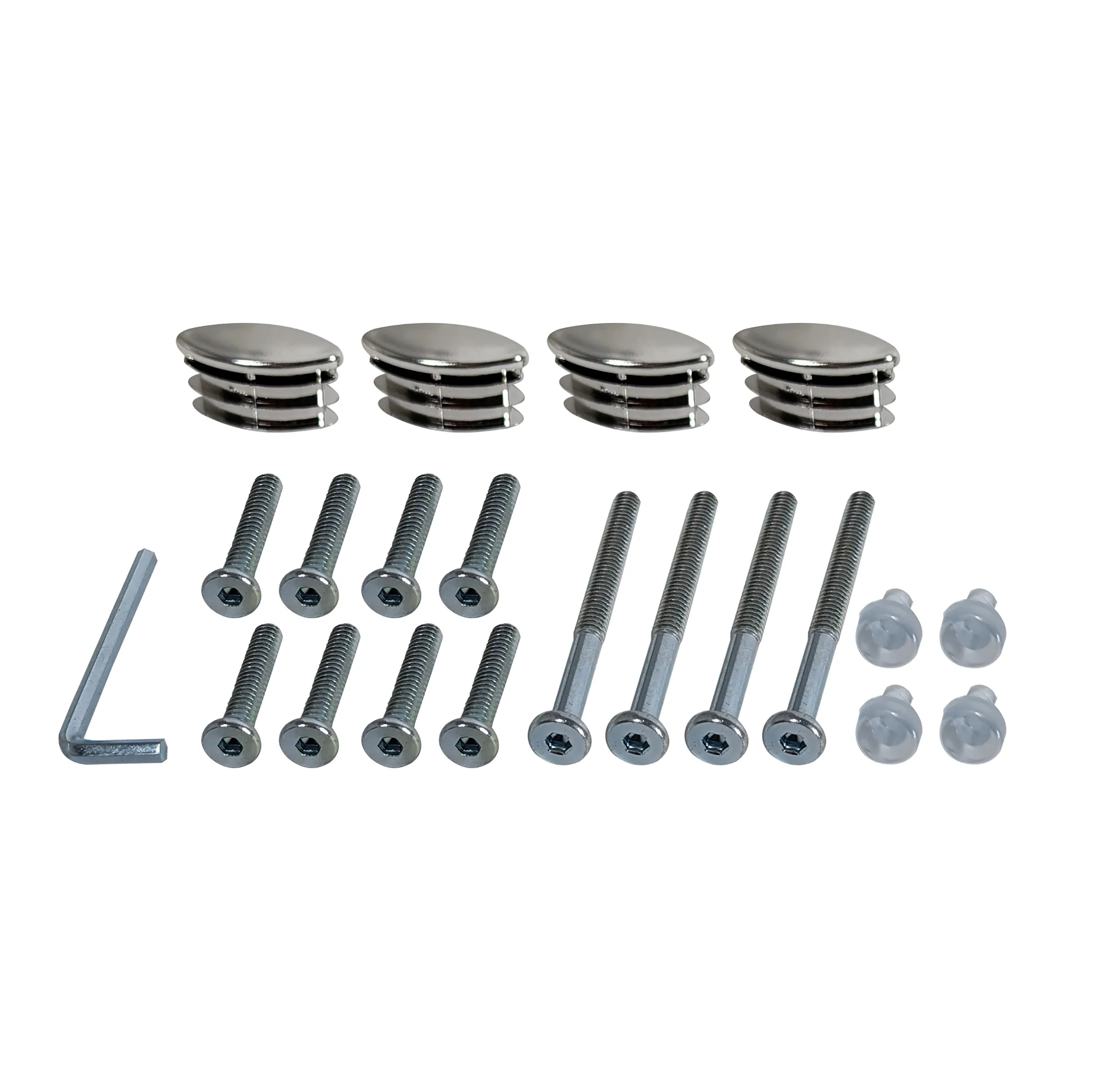 Kit de Fixation Acier Inoxydable Assemblage Kit de montage avec quatre capuchons ovales en acier inoxydable, vis de fixation, boulons d'écartement, clé hexagonale et capuchons en plastique transparent.