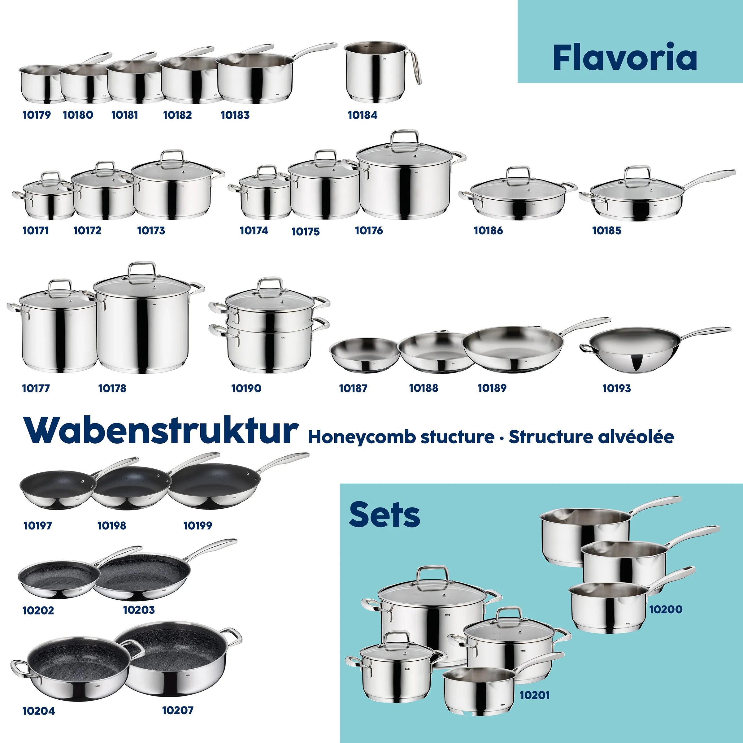 Flavoria Edelstahl Kochgeschirr Set und Einzelteile Flavoria Kochgeschirrkollektion mit Töpfen, Pfannen und verschiedenen Behältern in Edelstahl mit Wabenwellen-Struktur und modernem Design
