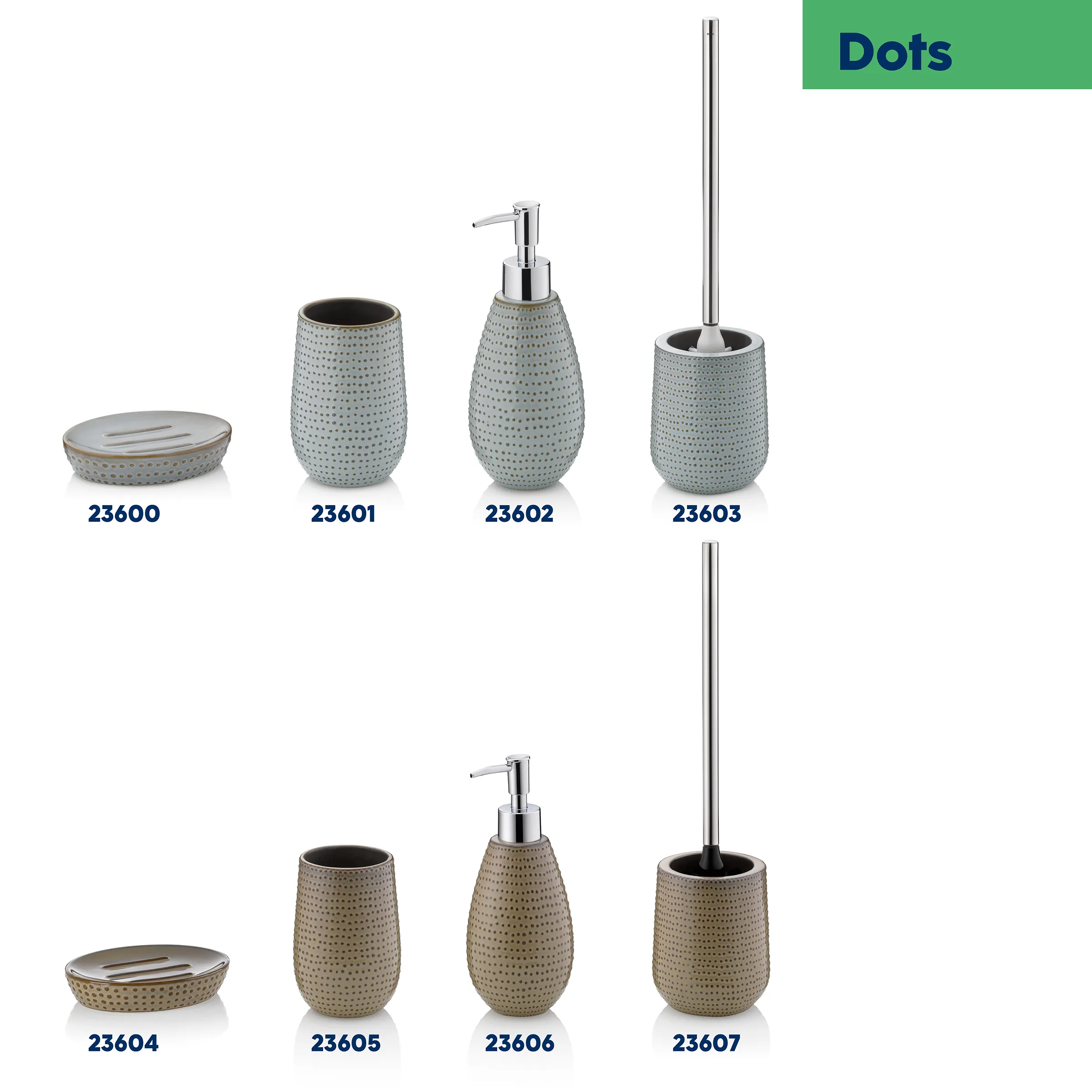 Dots Badezimmer-Set in Grau und Beige mit Seifenspender, Zahnputzbecher, WC-Bürste und Seifenschale
