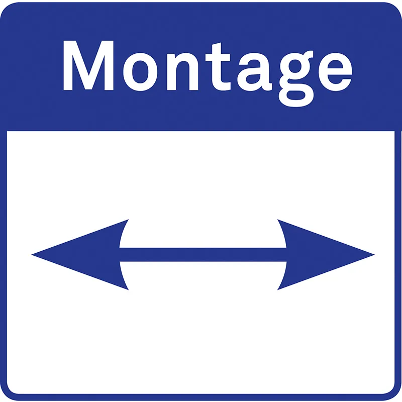 Montage Verkehrsschild - Richtungspfeile links rechts Blaues Verkehrsschild mit weißem Pfeil nach links und rechts, Aufschrift 'Montage'