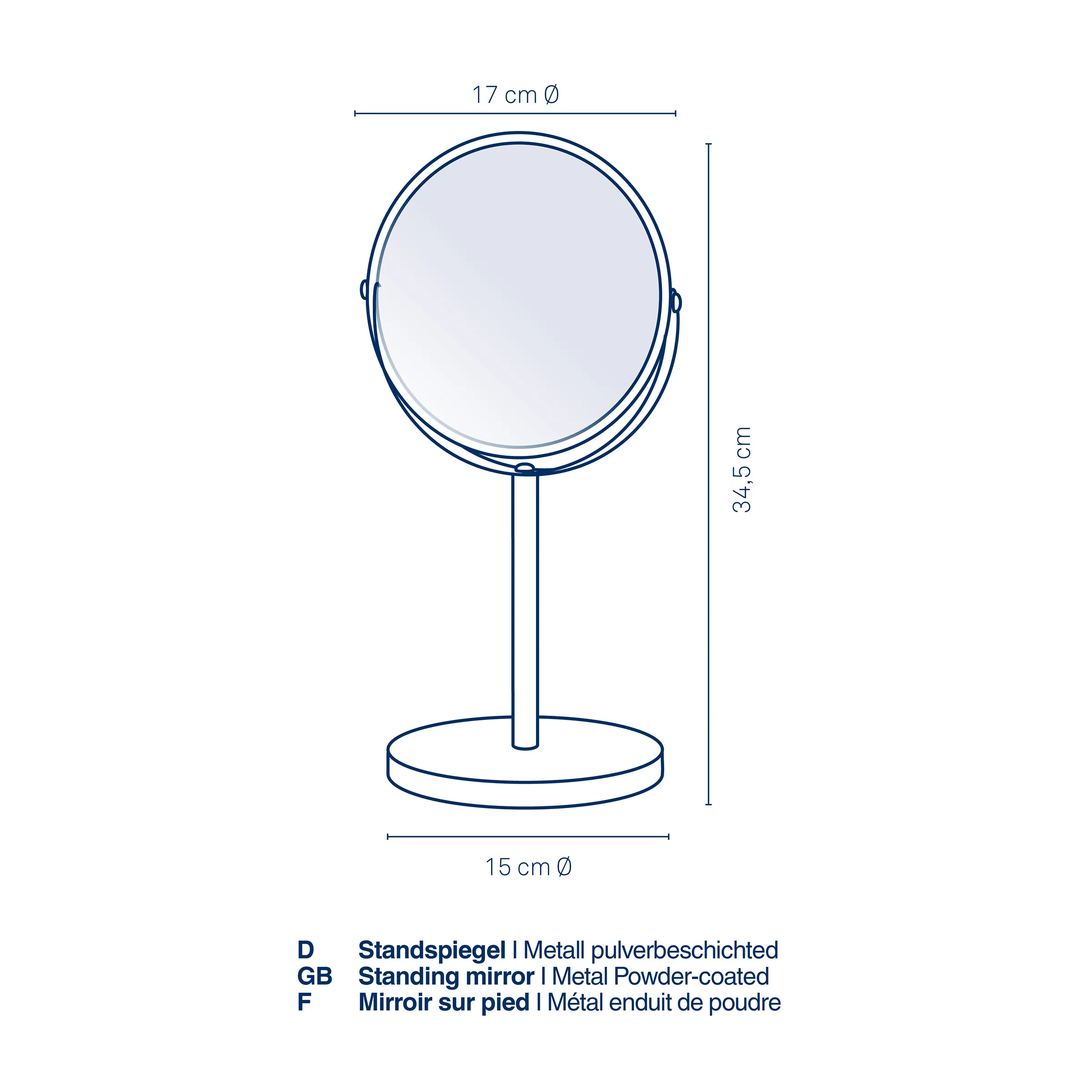 Standspiegel Metall pulverbeschichtet - Runder Kosmetikspiegel mit Standfuß 17cm Standspiegel aus Metall pulverbeschichtet, 17 cm Durchmesser, 34,5 cm Höhe, runde Form mit Standfuß