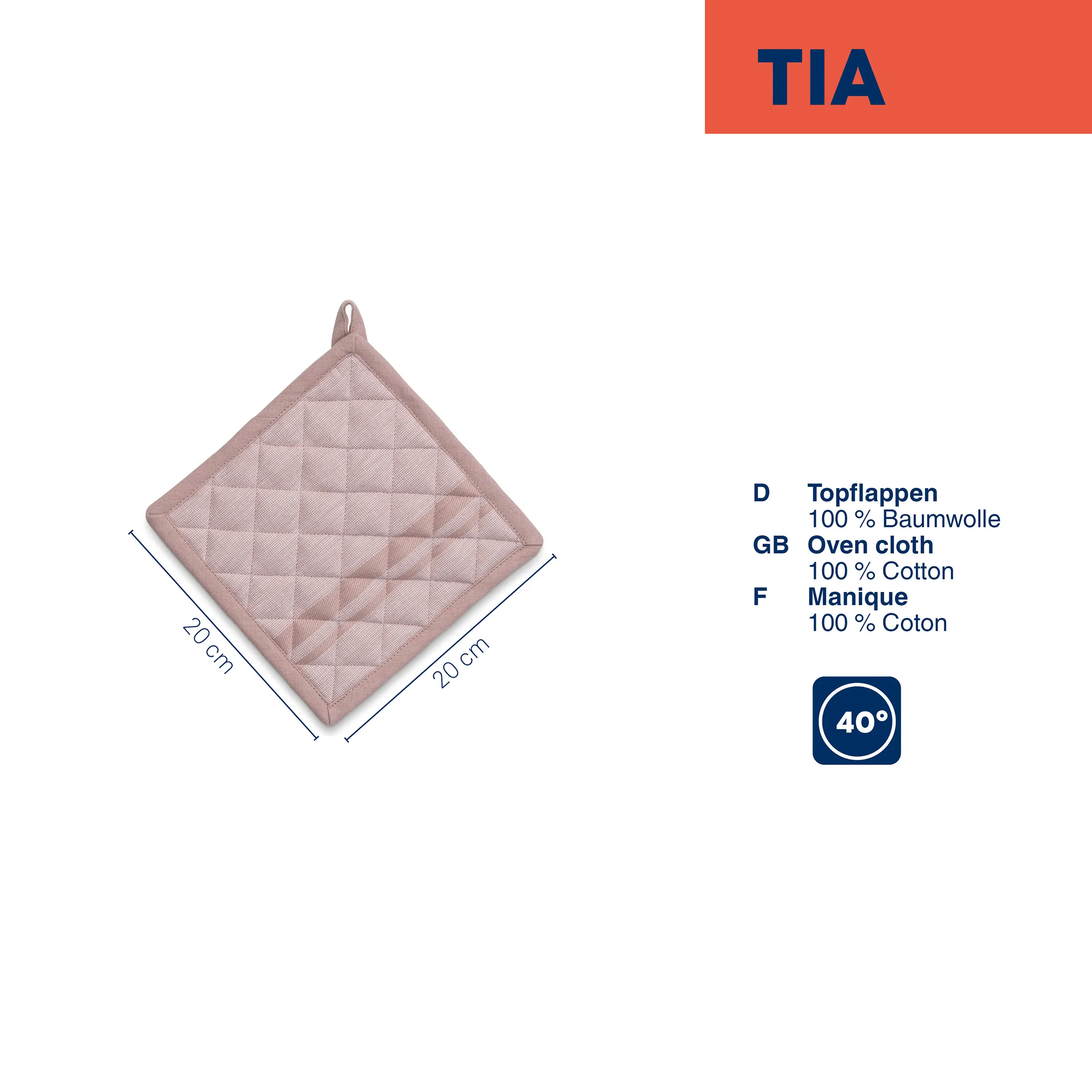 TIA Topflappen aus 100% Baumwolle in Rosa, 20x20 cm, mit Aufhänger, waschbar bei 40 Grad