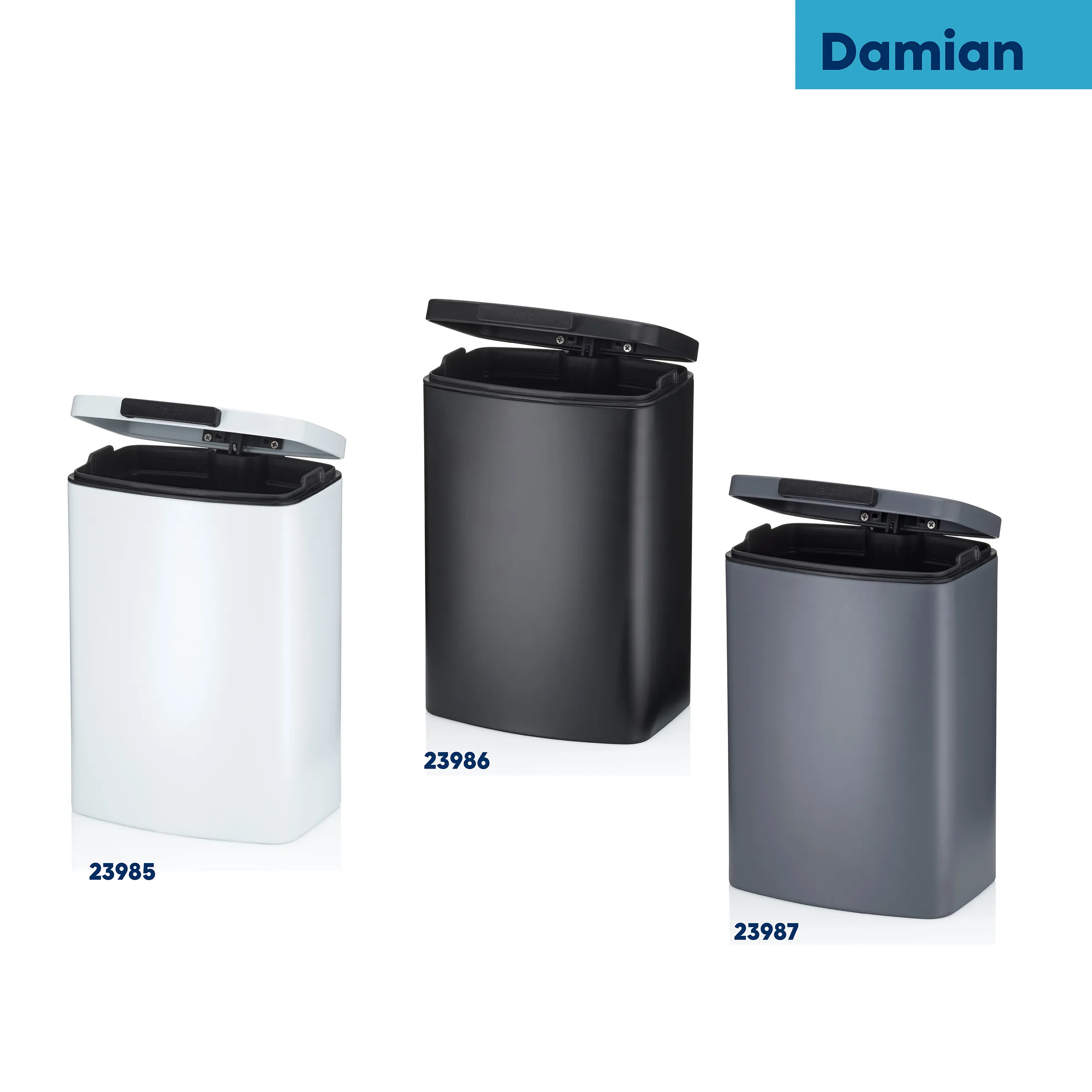 Drei moderne Mülleimer mit Soft-Close-Deckel in Weiß, Schwarz und Grau von Damian