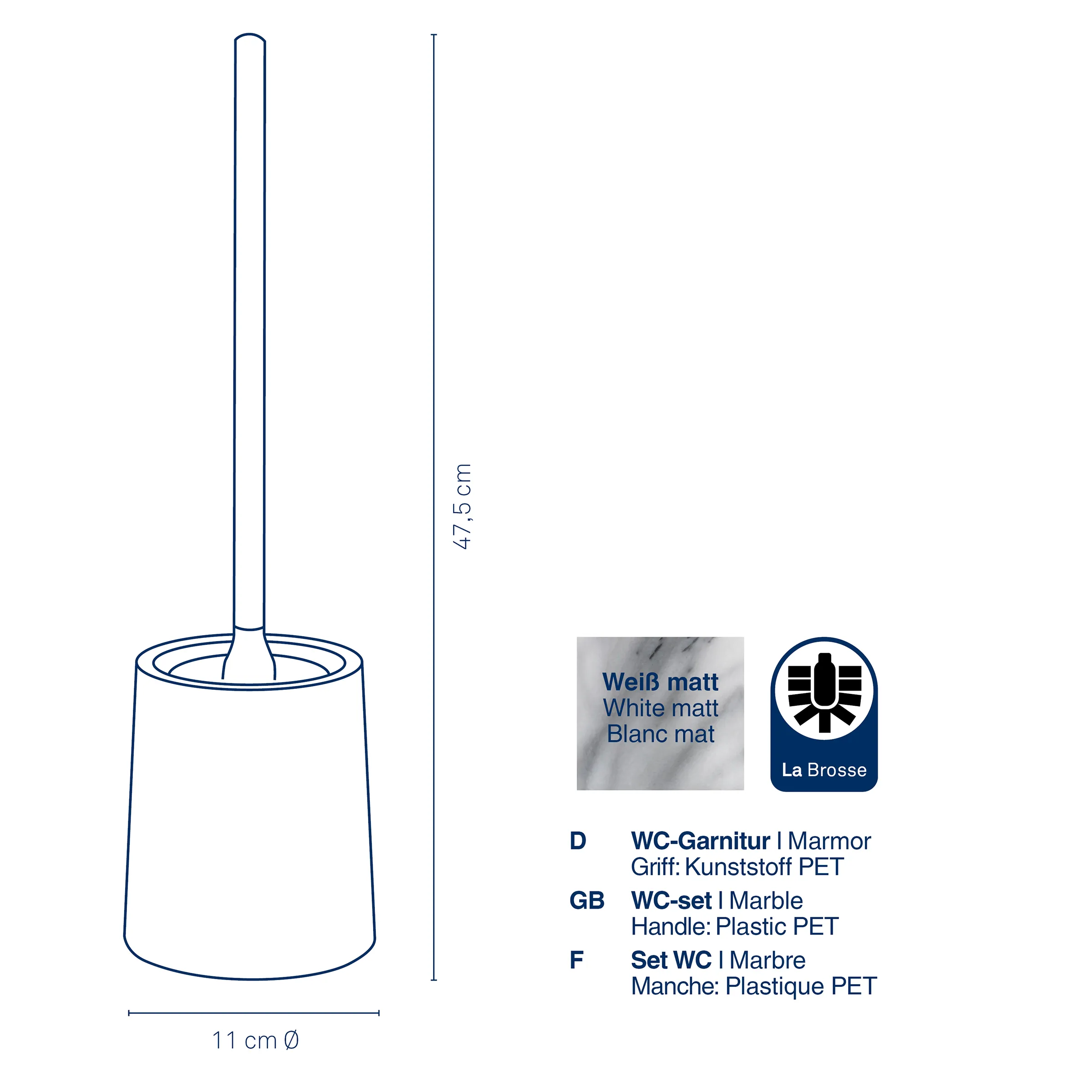WC-Bürste Marmor weiß matt - Toilettenbürste 47,5 cm WC-Bürste mit weißem Marmor-Design, 47,5 cm Höhe, 11 cm Durchmesser, Kunststoffgriff von La Brosse