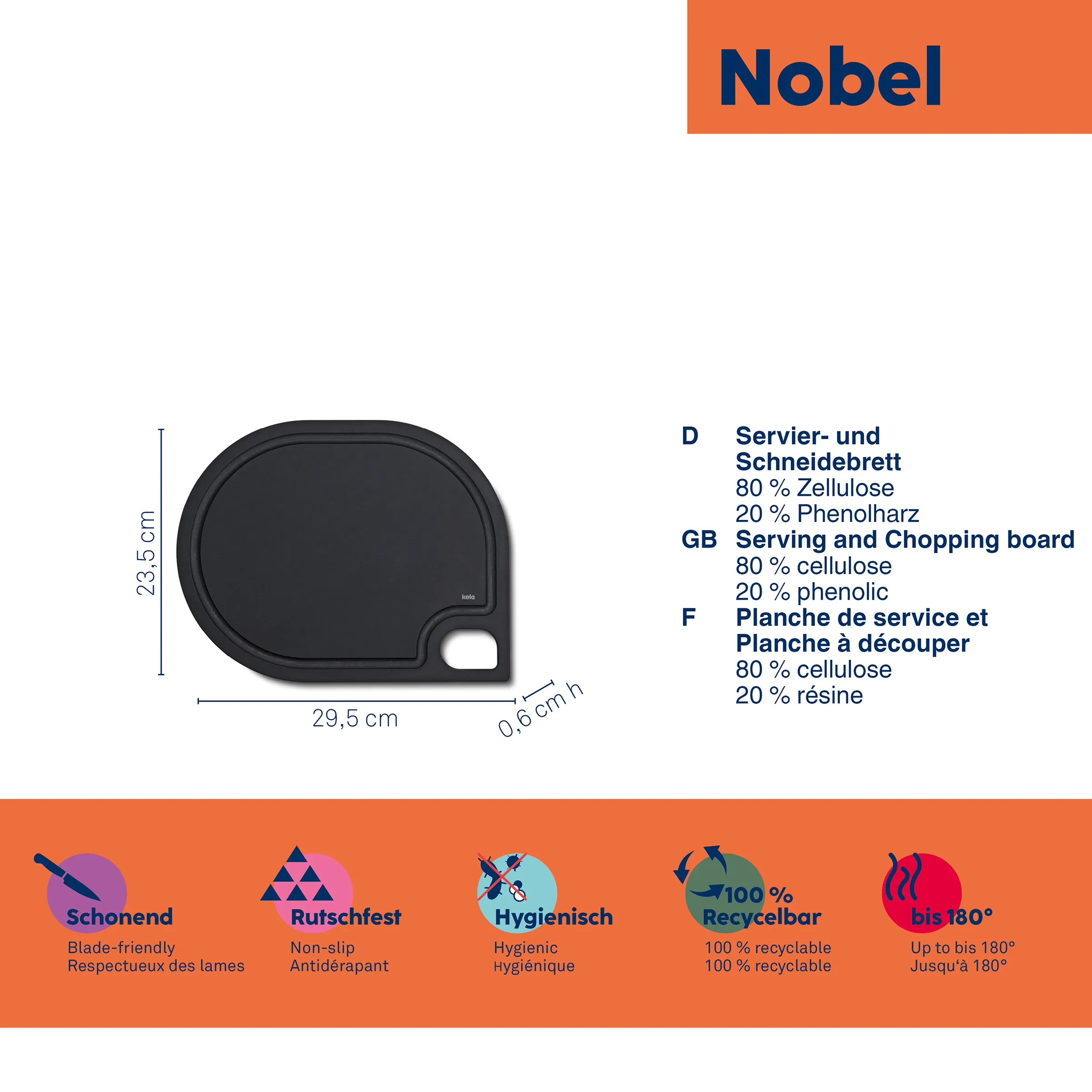 Nobel Schneidebrett oval - hochwertiges Servierbrett aus Zellulose Schwarzes ovales Schneidebrett Nobel mit Abmessungen 29,5 x 23,5 cm, Material aus Zellulose und Phenolharz