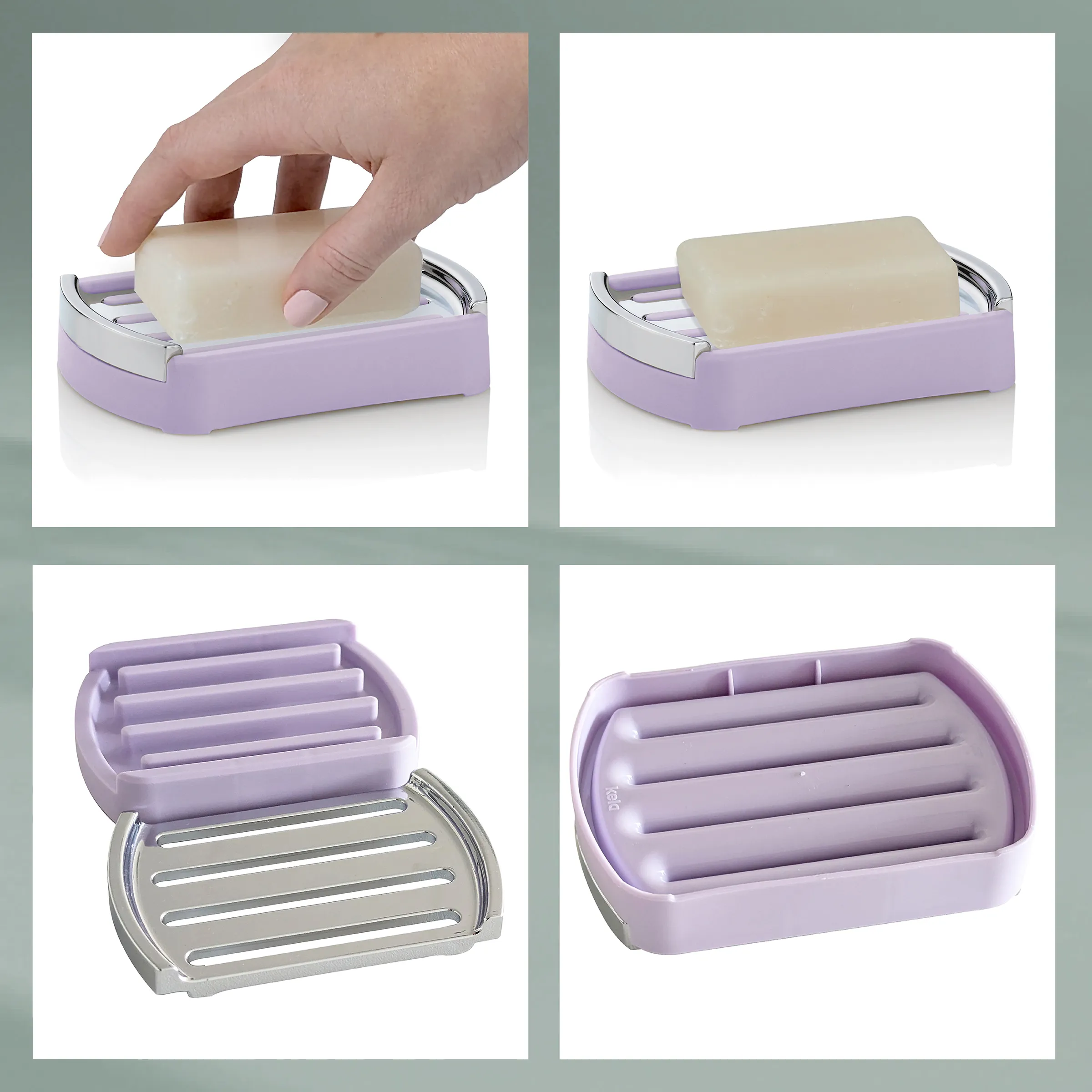 Seifenschale mit Abtropfgitter Lila - Moderne Seifenhalter für Badezimmer Lila Seifenschale mit Abtropfgitter und cremefarbener Seife, Draufsicht und verschiedene Perspektiven