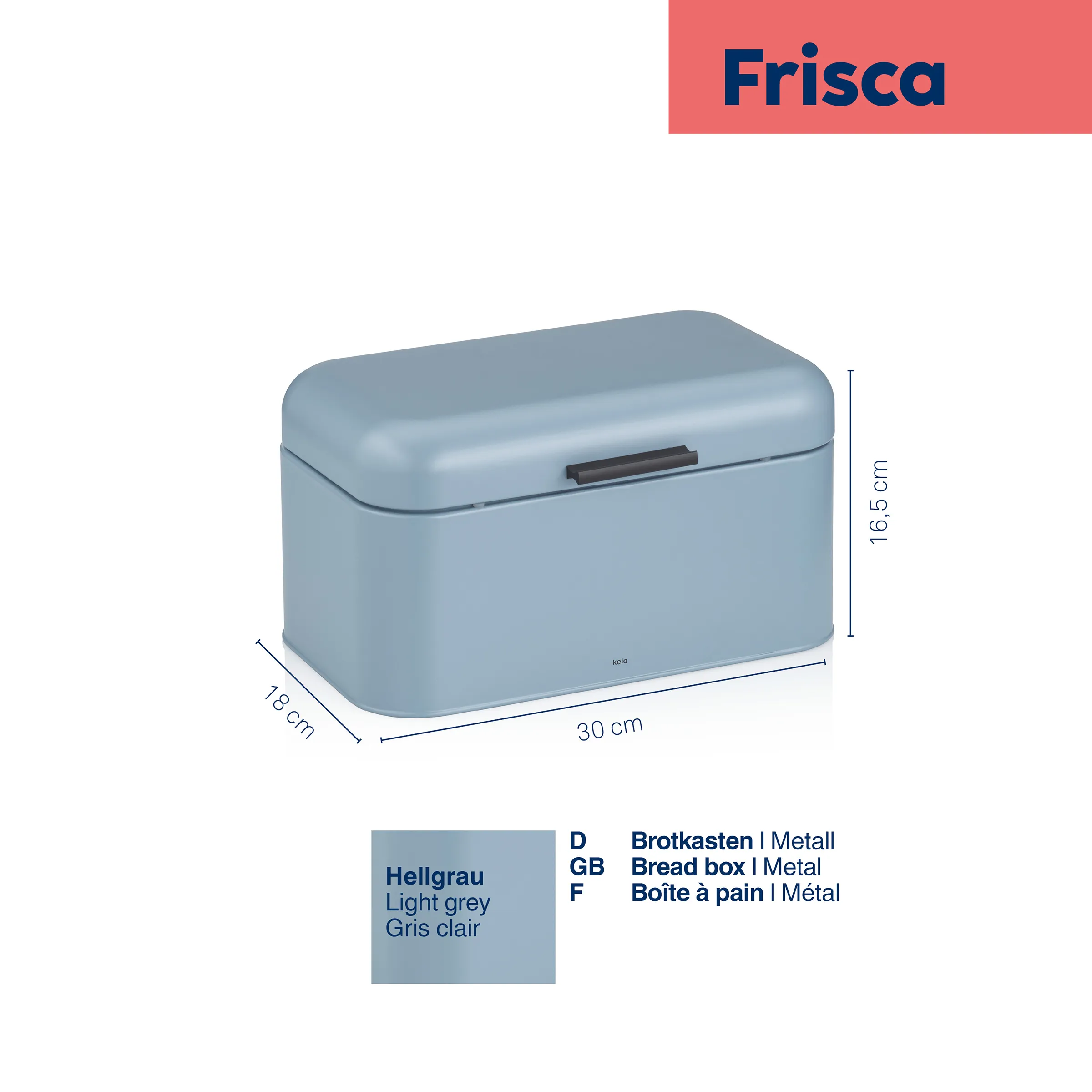 Brotkasten Metall hellgrau - Frisca Hellgrauer Brotkasten aus Metall mit gewölbtem Deckel und Schiebegriff, Maße 30x18x16,5 cm