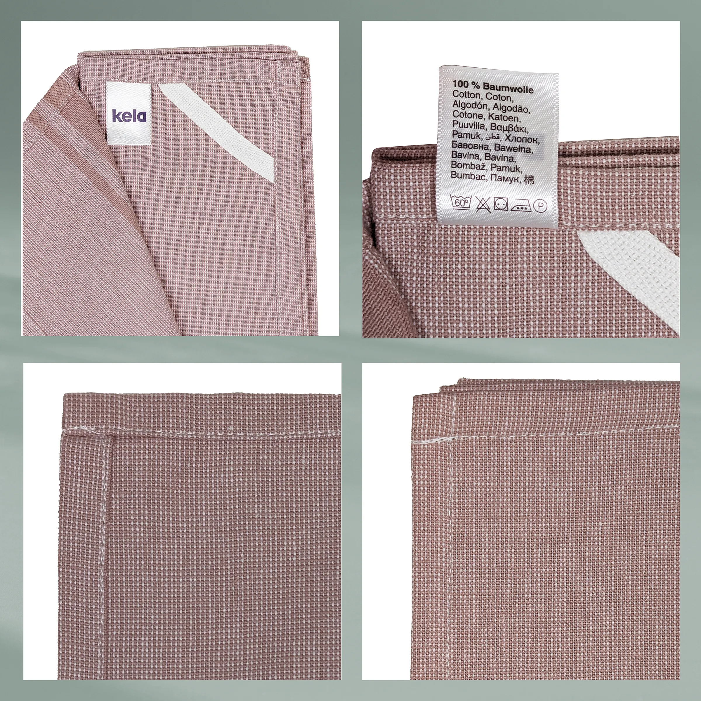 Baumwoll-Tagesdecke Kela - hochwertige Bettüberwurf Kela Baumwoll-Tagesdecke in Mauve und Braun mit Produktetikett und Pflegeanleitung