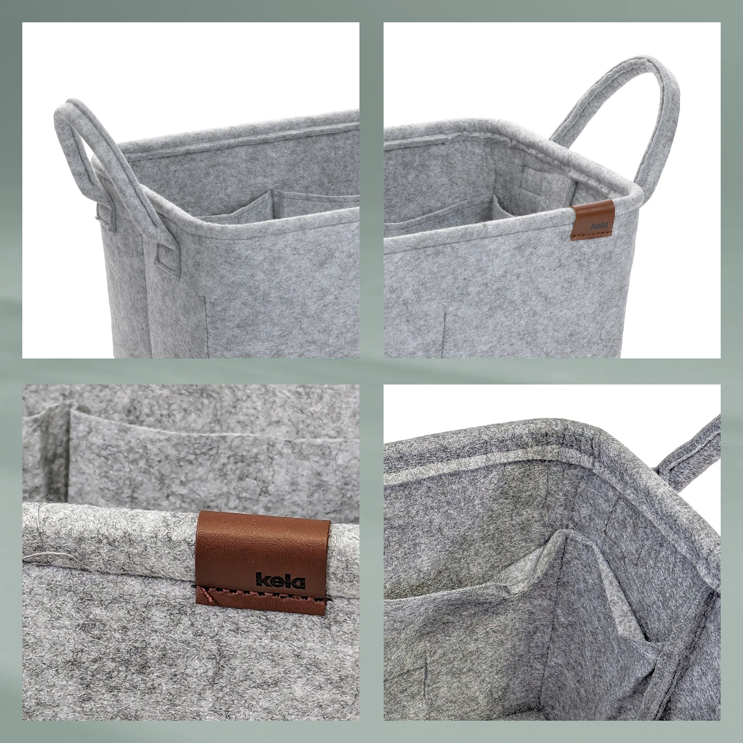 Filz Wäschekorb mit praktischen Griffen und Label Grauer Filz-Wäschekorb mit Griffen und braunem Kela-Label, mehrere Detailansichten zeigend