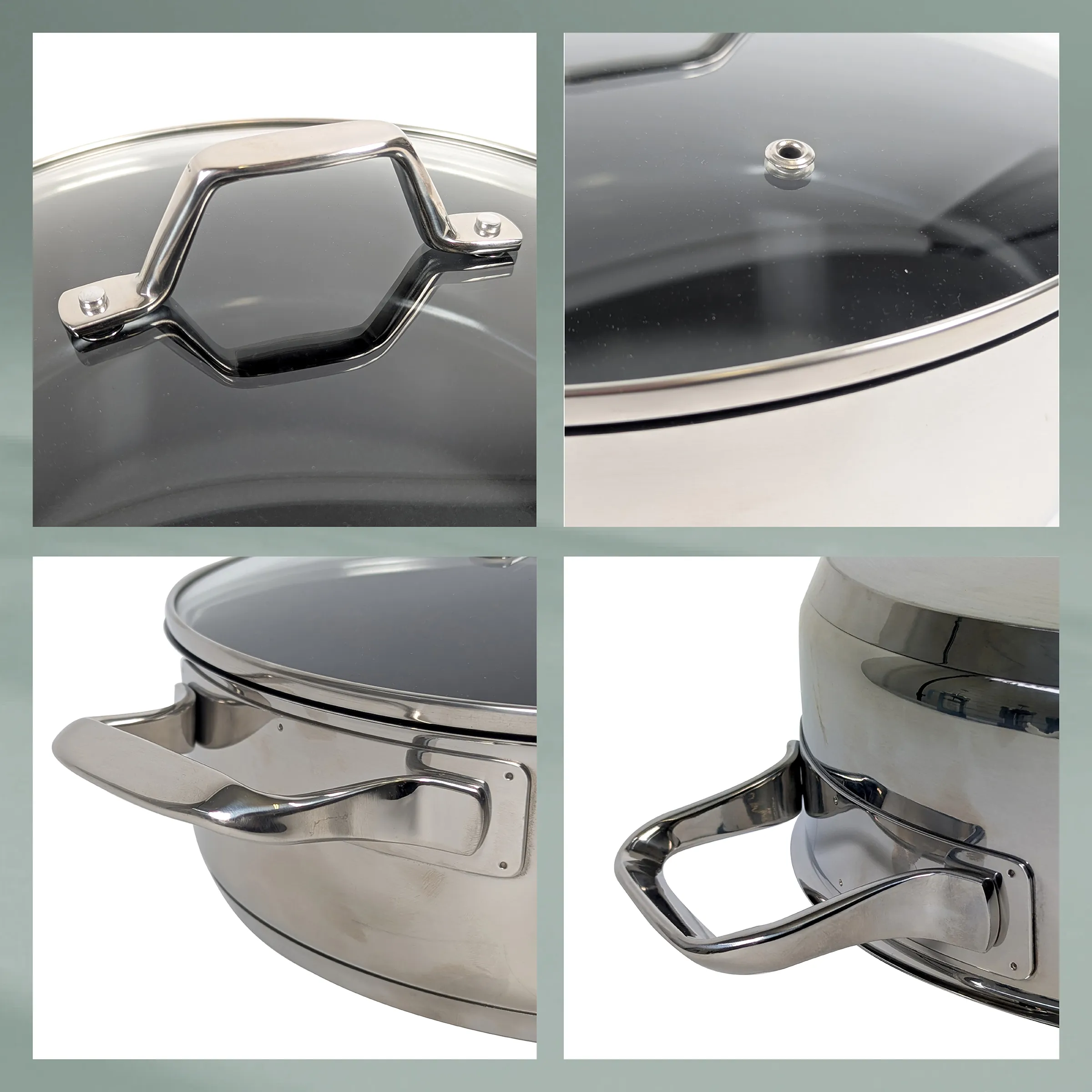 Kochtopf mit Glasdeckel und Edelstahlgriffe - Hochwertige Kochware Detailansichten eines Kochgeschirrs mit Glasdeckel, Edelstahlgriffen und Ventilknopf. Vier Bilder zeigen Griff, Deckel und Gesamtansicht.