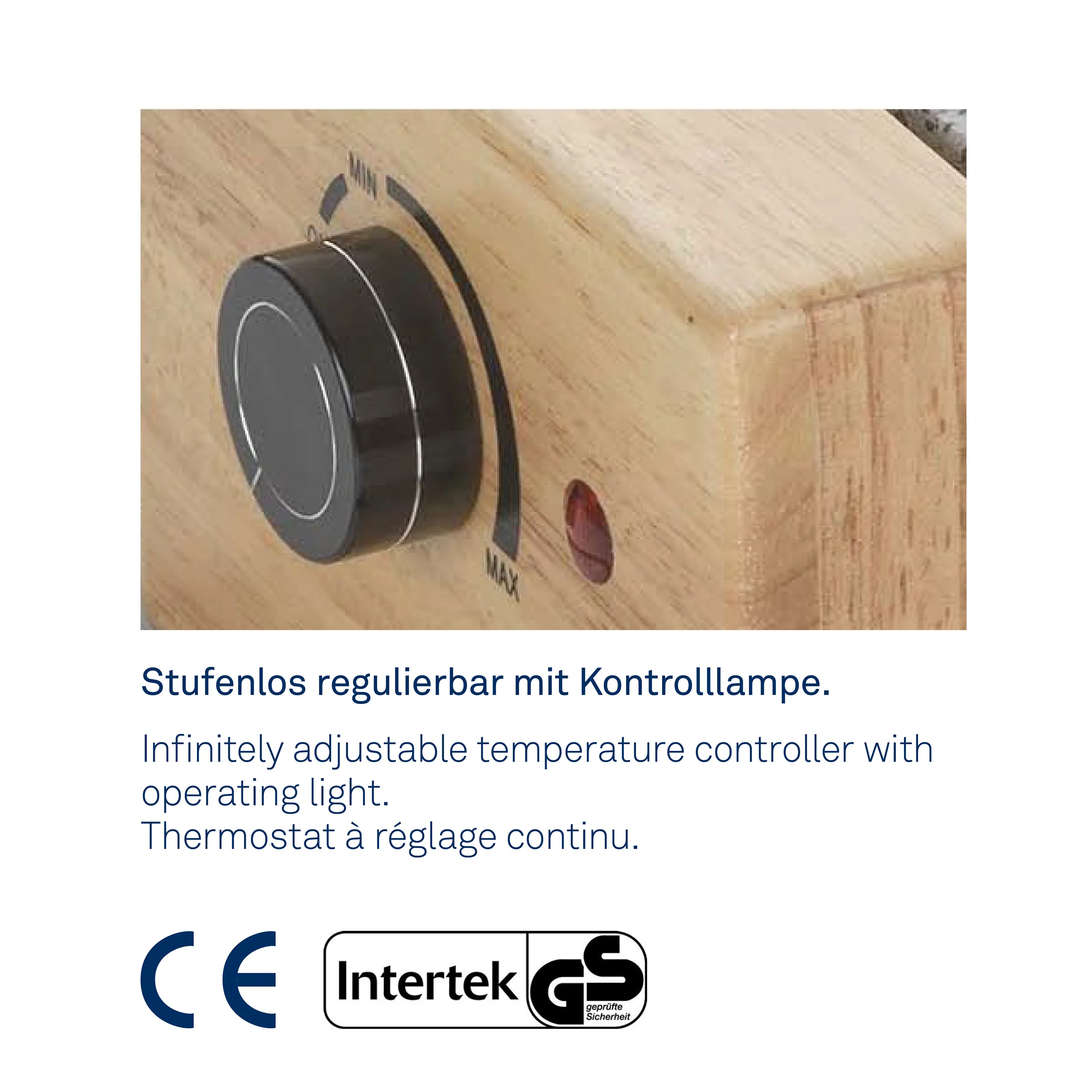 Stufenlos regulierbarer Temperaturregler mit Kontrolllampe und Sicherheitszertifizierung Stufenlos regulierbarer Drehregler mit Kontrolllampe an Holzoberfläche montiert, CE und Intertek GS zertifiziert