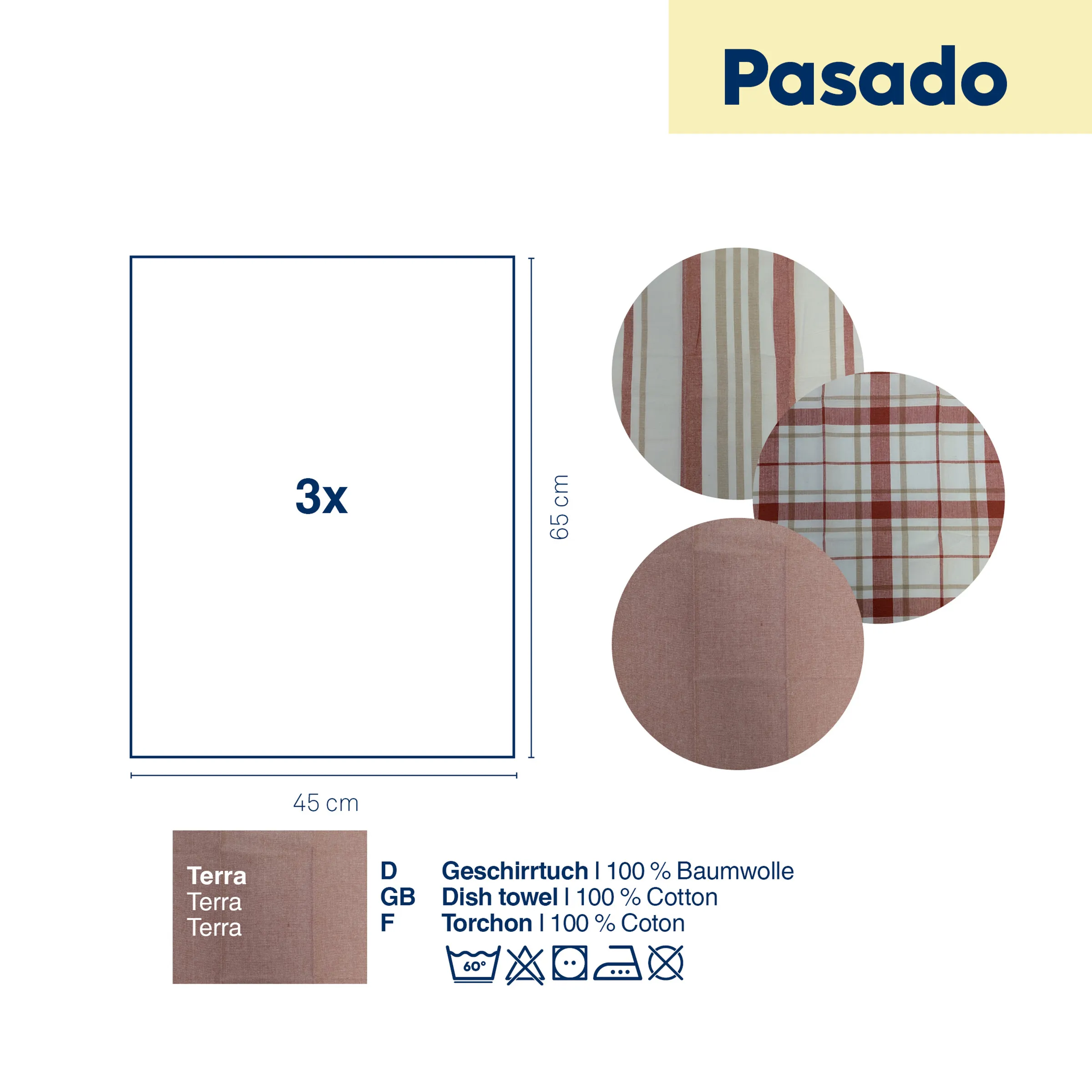 Pasado Geschirrtuch Set Terra - 3er Pack Baumwolle Geschirrhandtücher 45x65cm Pasado Geschirrtuch-Set Terra: 3 Tücher 45x65cm, 100% Baumwolle, braun mit Streifen- und Karomuster
