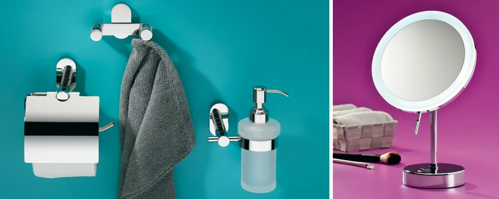 Badezimmer-Set mit Papierhalter, Handtuchhaken, Seifenspender auf türkisem Hintergrund und runder Kosmetikspiegel auf magentafarbenem Hintergrund