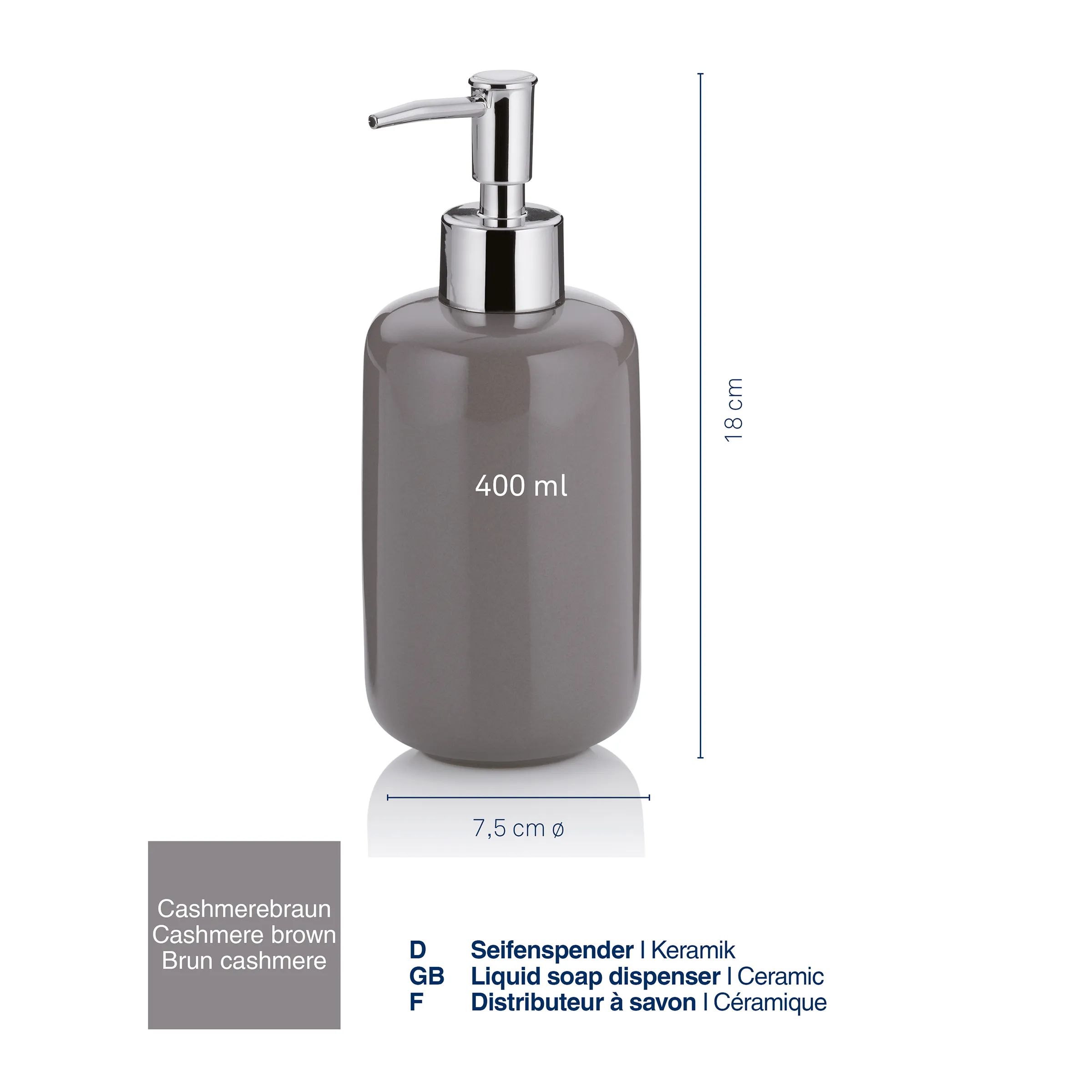 Keramik Seifenspender cashmerebraun 400ml Grauer Seifenspender aus Keramik mit verchromtem Pumpenkopf, 400 ml Fassungsvermögen, 18 cm Höhe, 7,5 cm Durchmesser