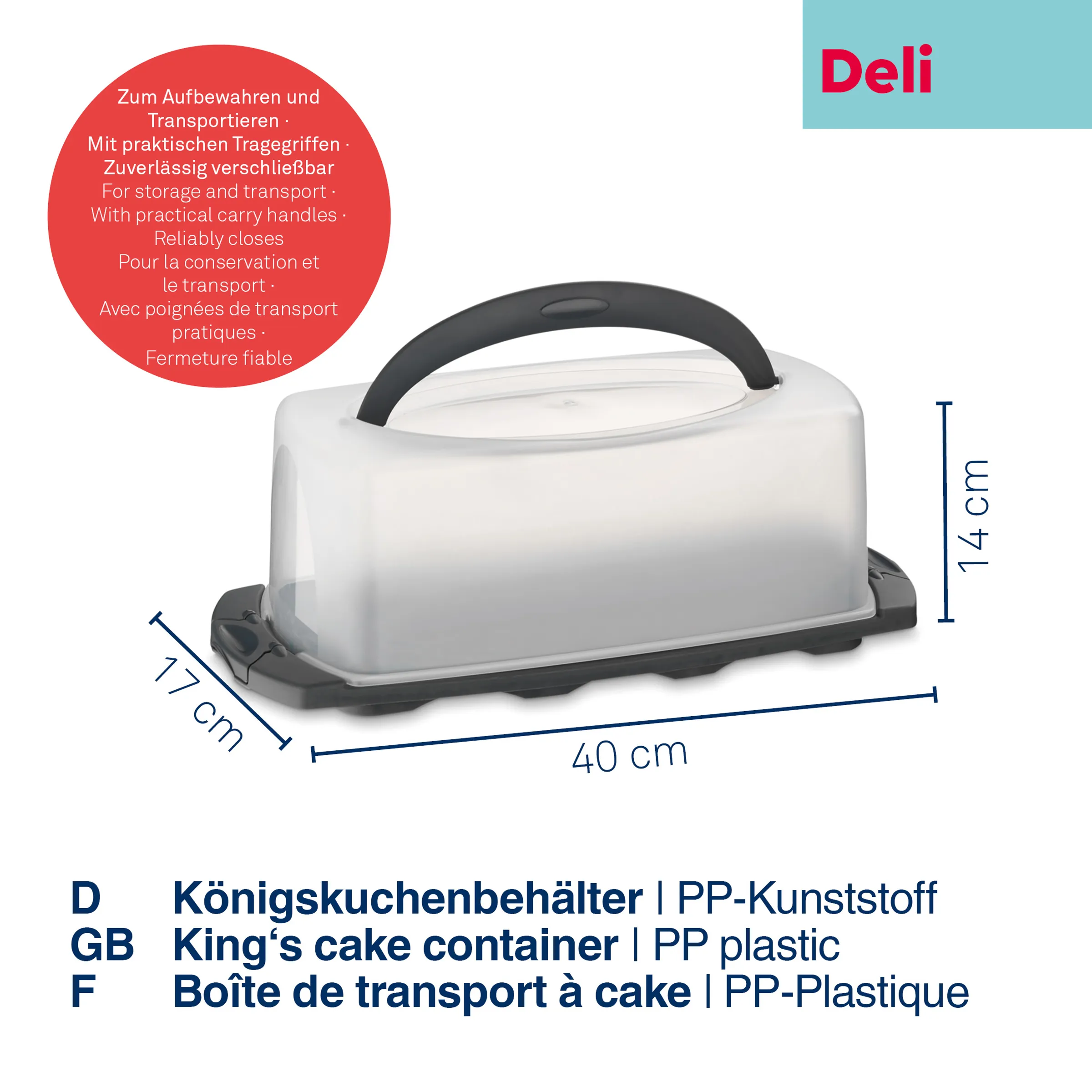 Königskuchenbehälter aus PP-Kunststoff mit schwarzem Tragegriff, transparentem Deckel, 40x17x14cm