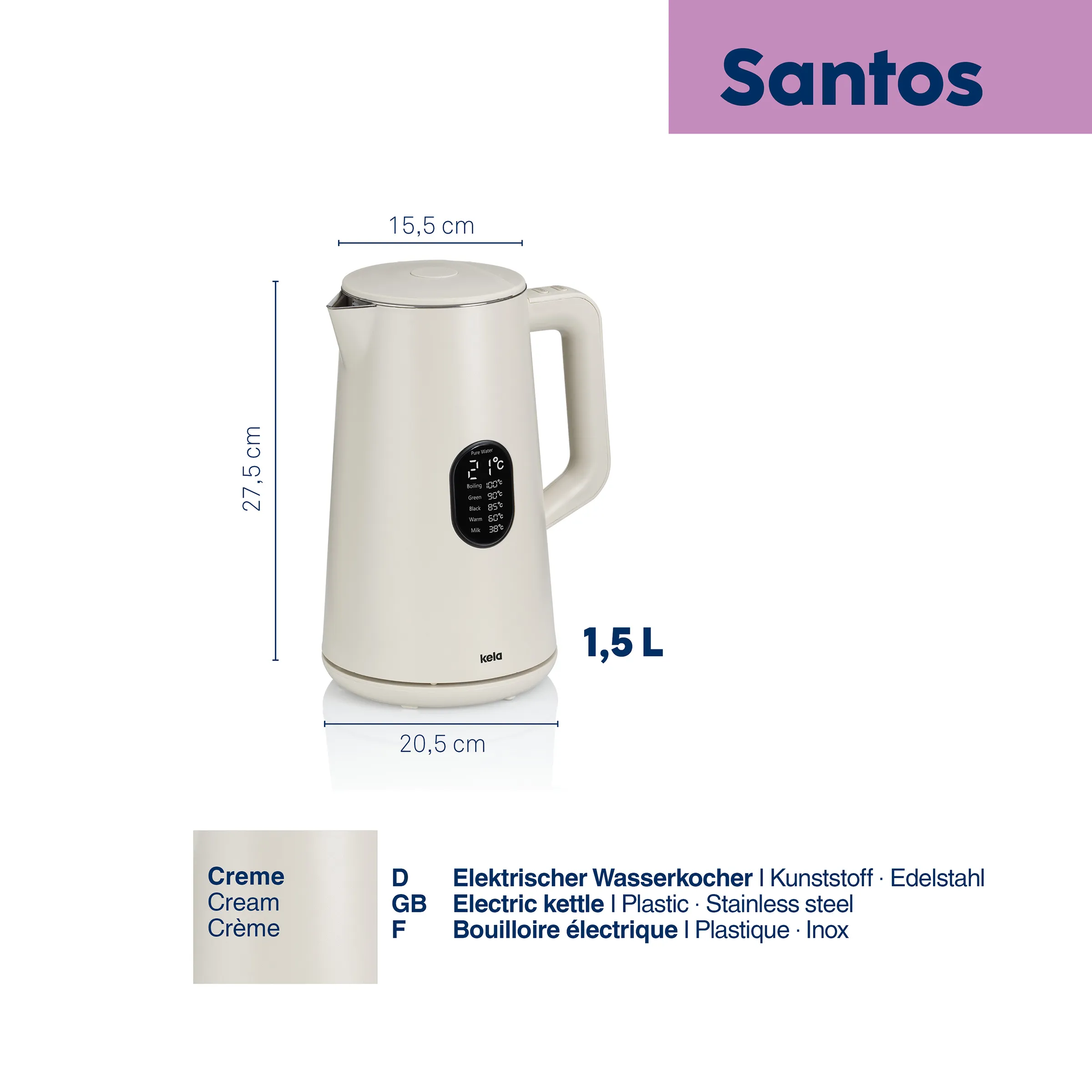 Elektrischer Wasserkocher Santos 1,5L Creme mit Temperaturregelung Cremefarbener elektrischer Wasserkocher Santos 1,5L mit digitaler Temperaturanzeige, 27,5 cm Höhe, 20,5 cm Breite