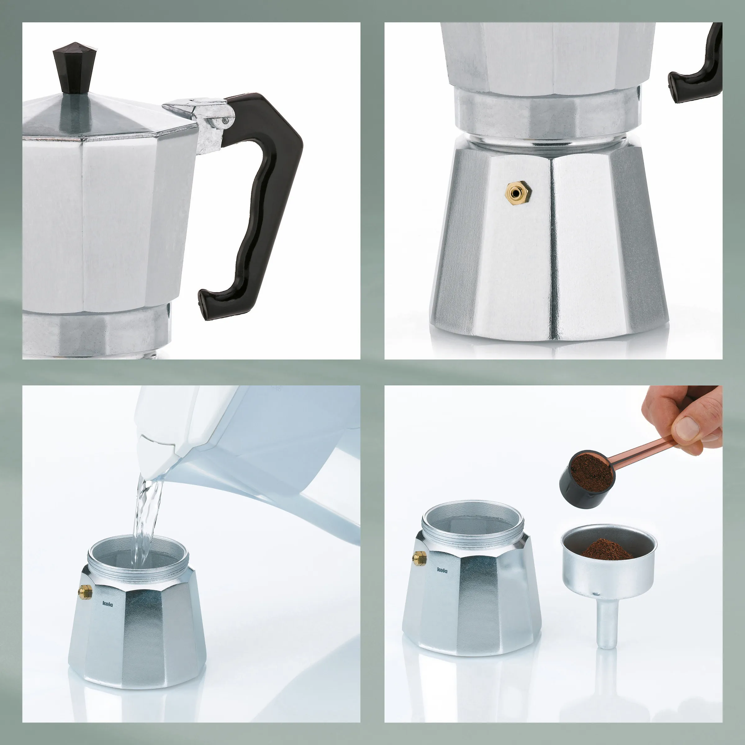 Moka Kaffeekanne 6 Tassen Anleitung – Schritt für Schritt Zubereitung Moka-Kaffeekanne mit 6 Tassen: Detailansicht von Griff, Ventil, Befüllung mit Wasser und Dosierung von Kaffeepulver.