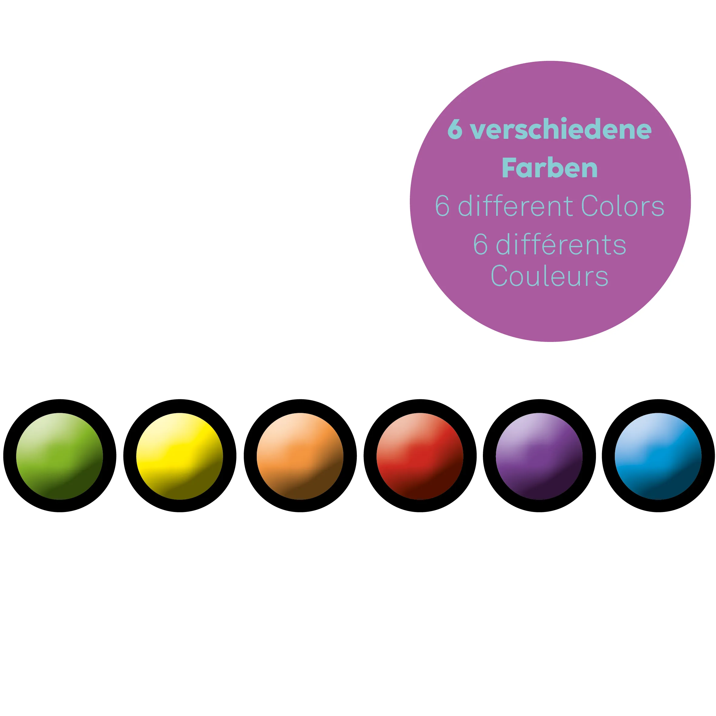 6 verschiedene Farben - Farbauswahl Produkt Sechs farbige Kugeln in Grün, Gelb, Orange, Rot, Lila und Blau mit schwarzem Rand. Lila Kreis oben mit Text zu verschiedenen Farben.