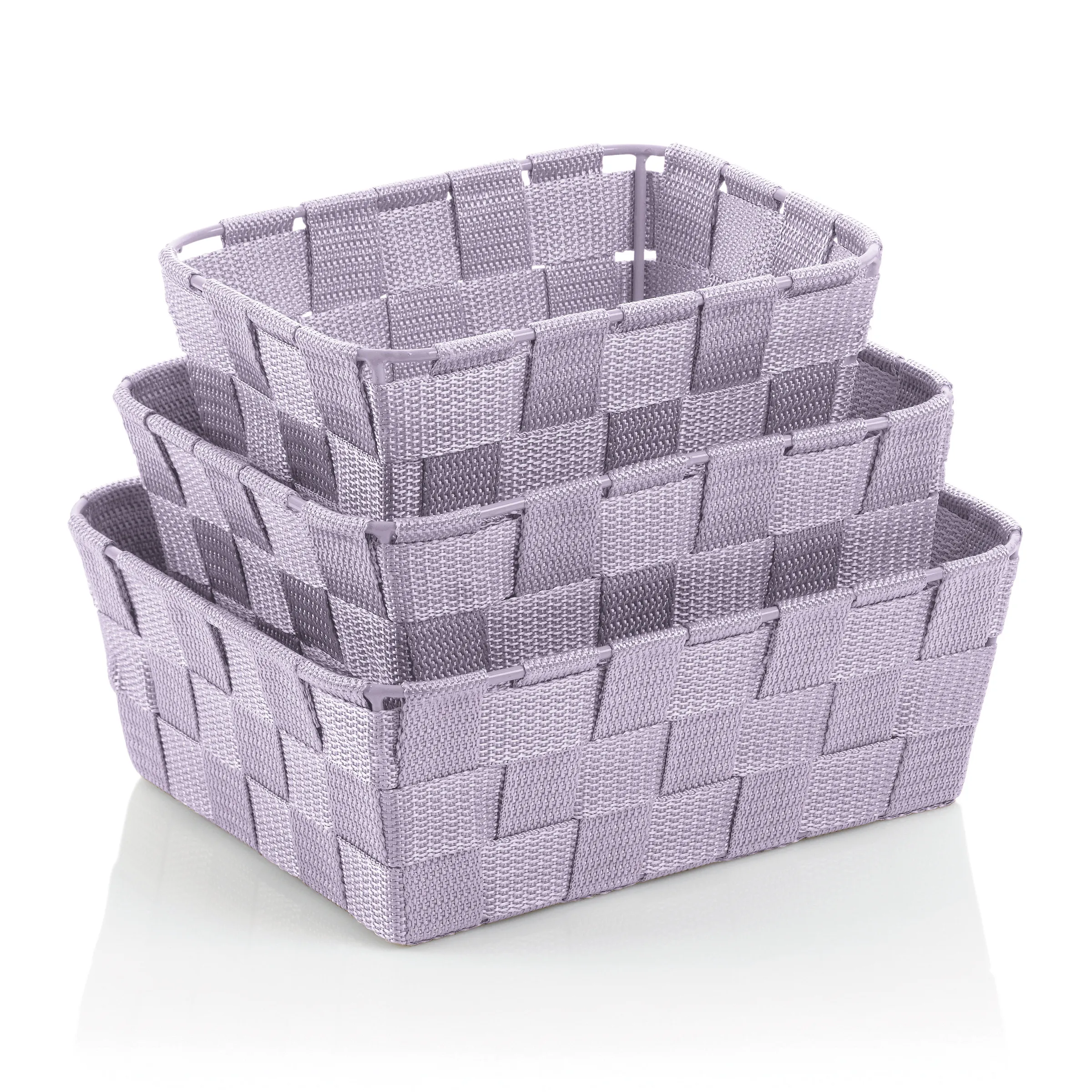 Lila Aufbewahrungskörbe stapelbar - 3er Set Organizer Drei stapelbare Aufbewahrungskörbe aus lila gewebtem Material mit Griffen und Flechtmuster
