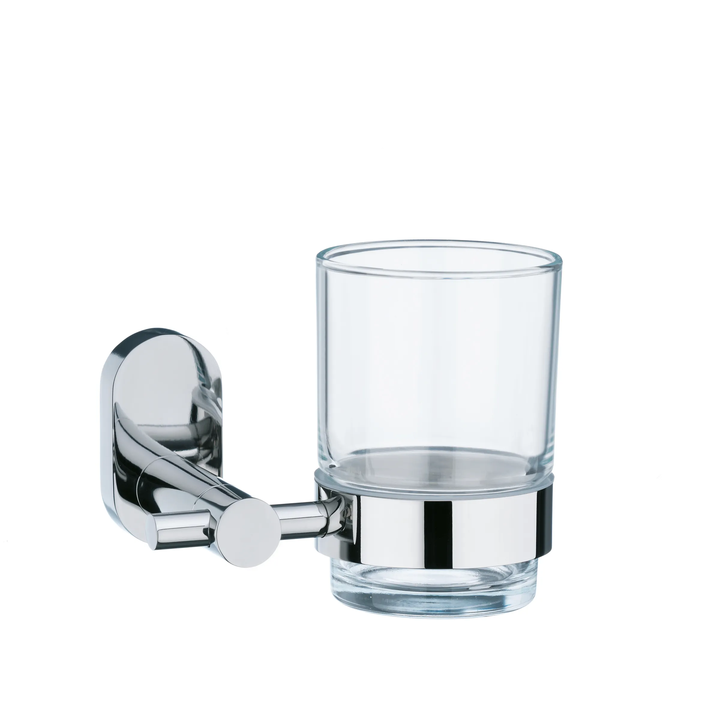 Wandmontiertes Zahnglashalter-Set aus Chrom mit transparentem Glaszylinder