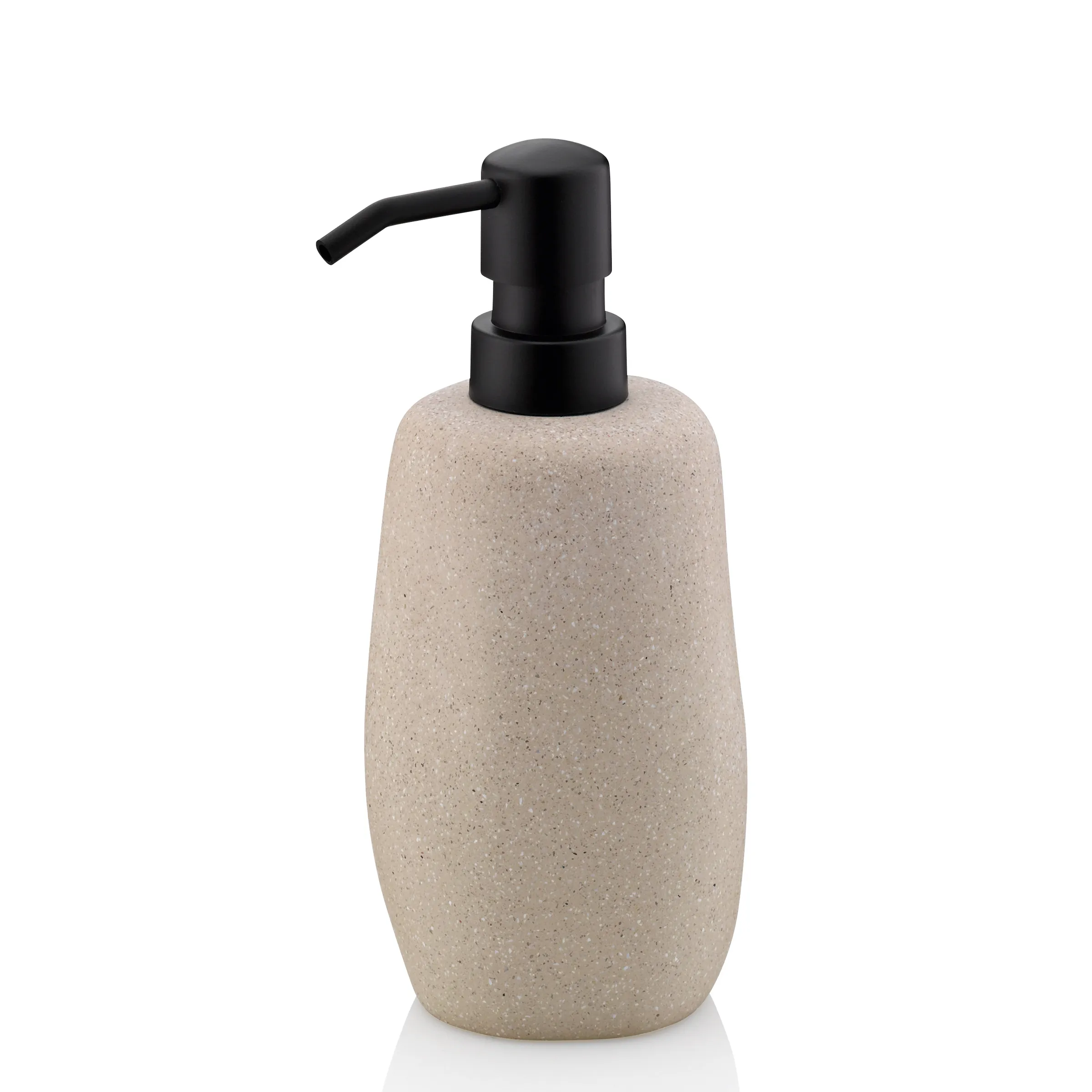 Beige Seifenspender mit Steinoptik und schwarzem Pumpenkopf aus Kunststoff