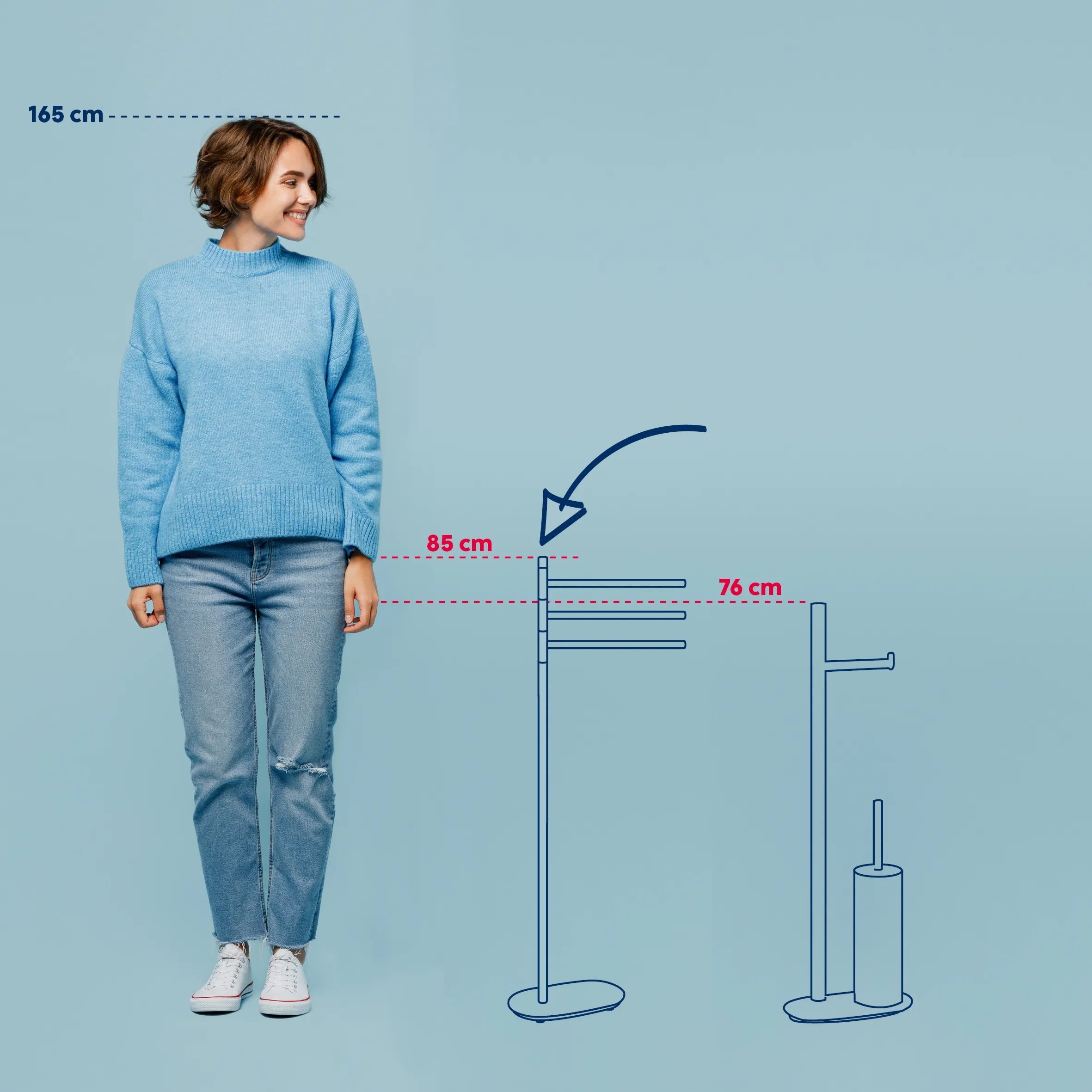 Größentabelle Pullover: Körpergröße und Maße für perfekte Passform Frau mit Körpergröße 165 cm trägt hellblauen Pullover und Jeans, mit Maßangaben für Kleidungsgrößen