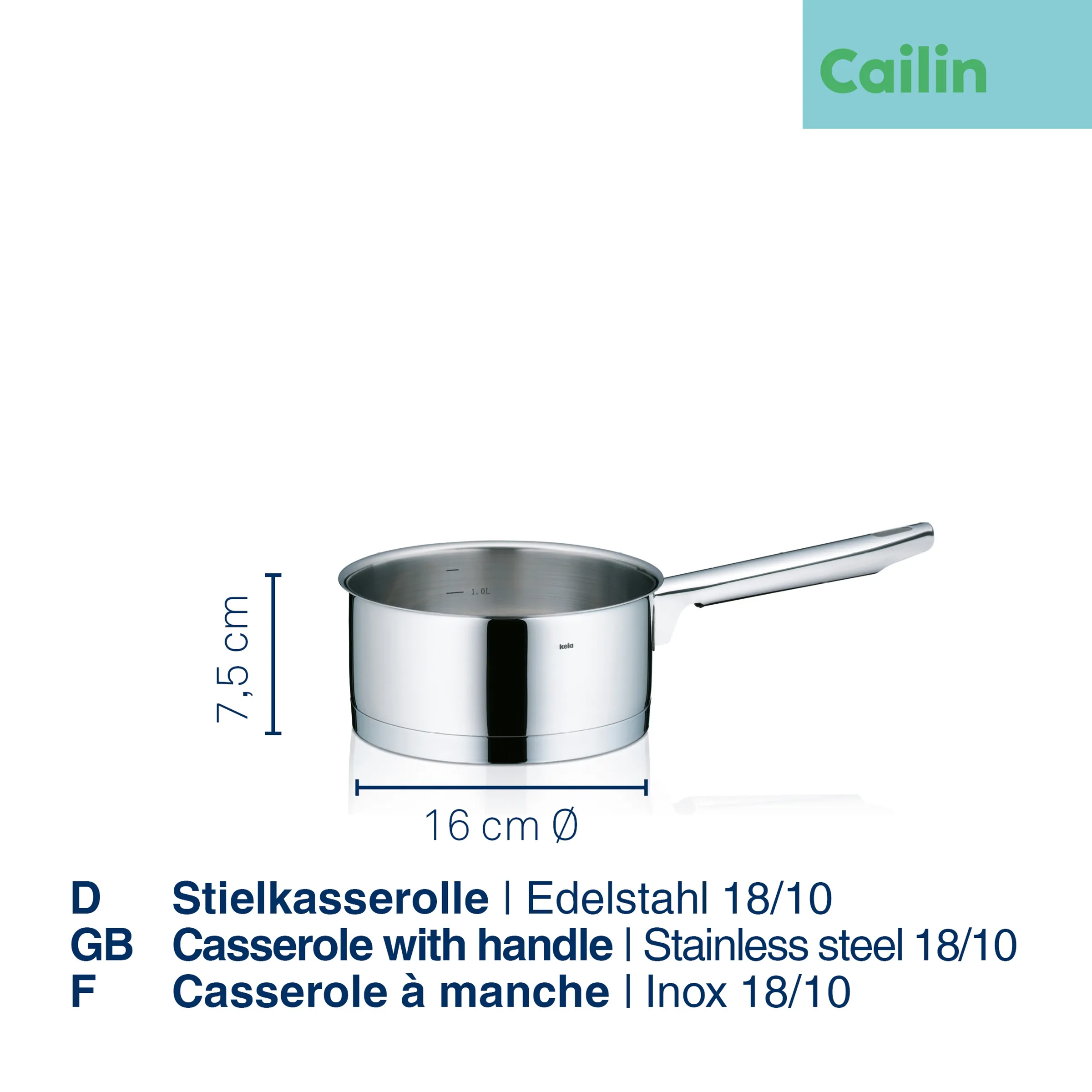 Stielkasserolle Edelstahl 18/10 - Cailin Kochgeschirr Edelstahl-Stielkasserolle mit Deckel, 16 cm Durchmesser, 7,5 cm Höhe, modernes Design