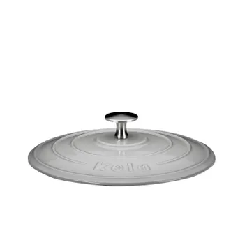 Kela Topfdeckel aus grauem Gusseisen mit silbernem Edelstahlknopf und konzentrischen Rillen