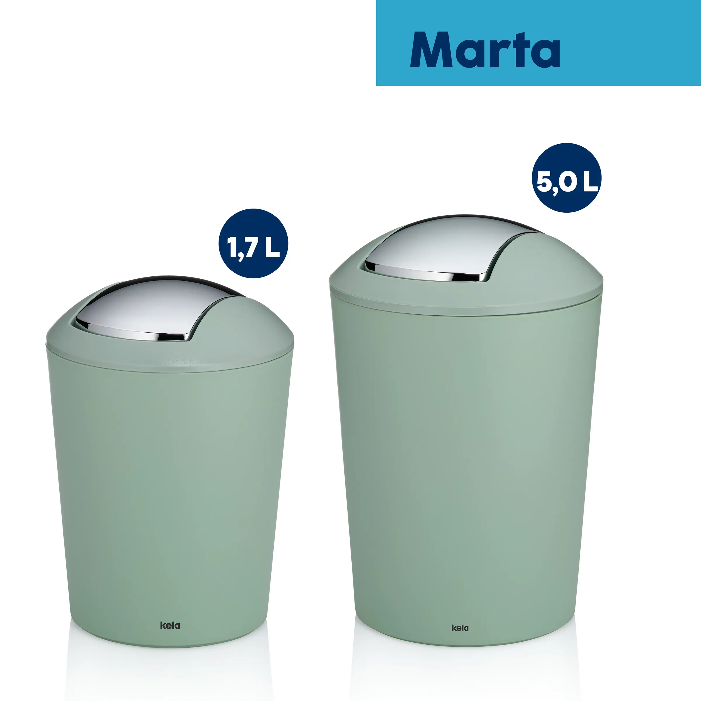 Marta Eimer 1,7L und 5,0L Swing-Deckel Mülleimer Zwei grüne Marta Eimer mit Swing-Deckel, 1,7 L und 5,0 L, moderne Kunststoff-Abfallbehälter mit Edelstahl-Elementen