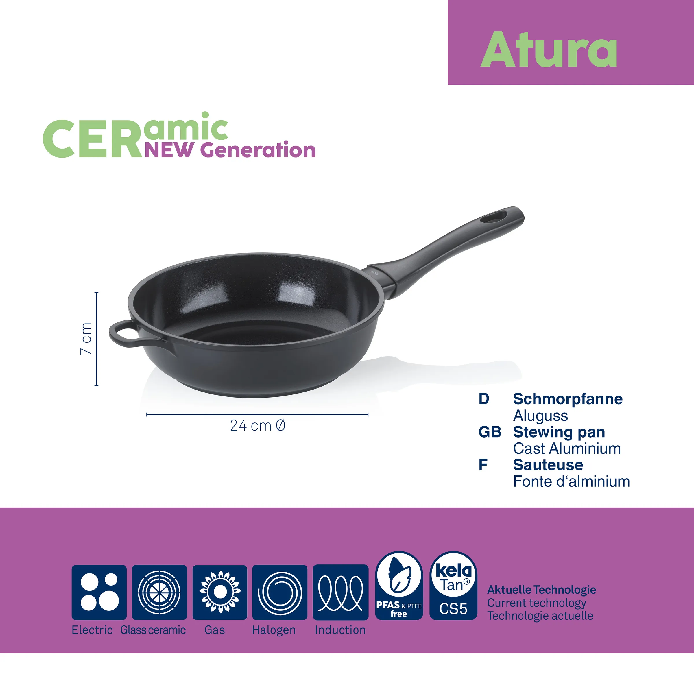 Schmorfpanne Atura 24 cm - Aluminum Bratpfanne mit Ceramic Beschichtung Schwarze Schmorfpanne Atura CER Ceramic New Generation, 24 cm Durchmesser, 7 cm Höhe mit Griff