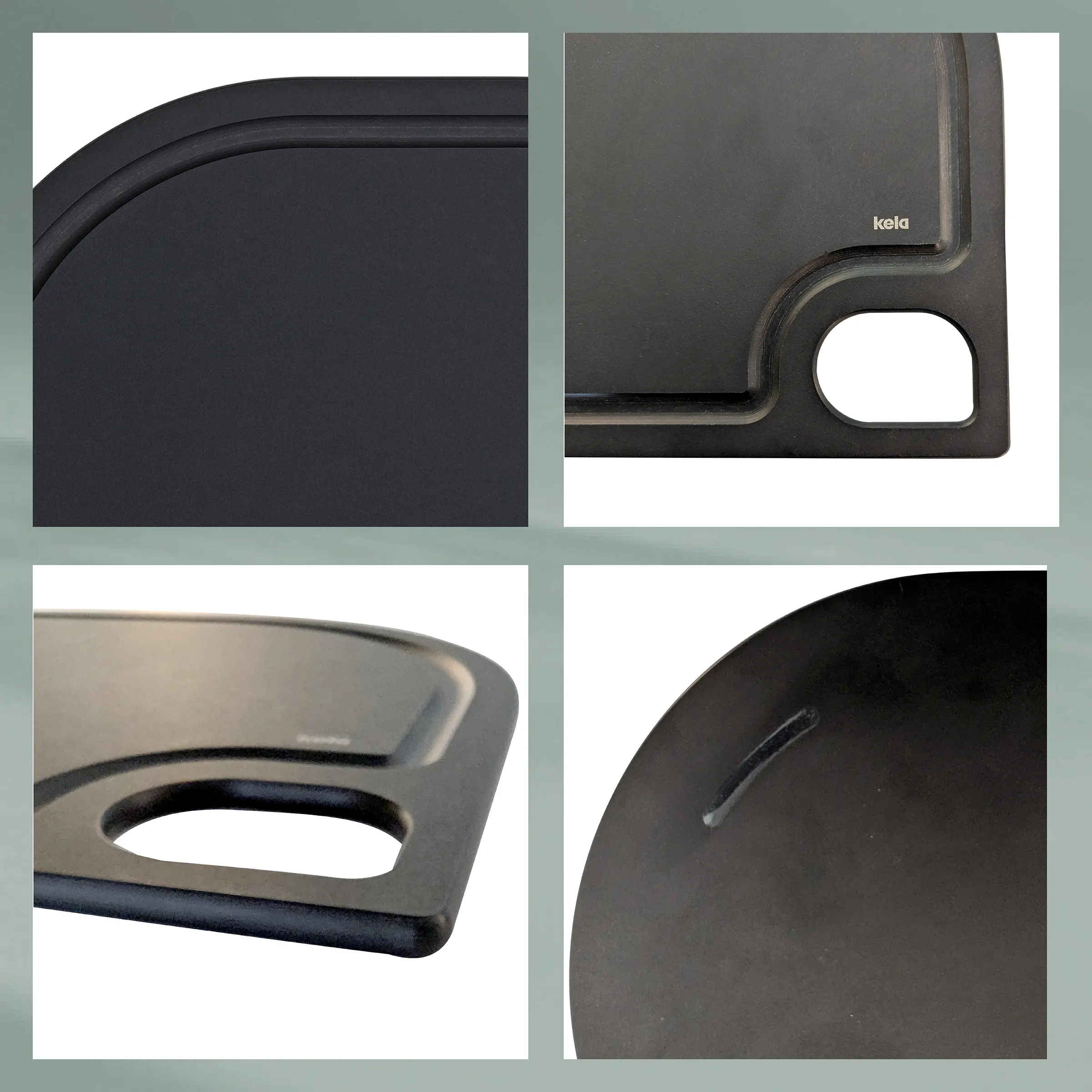 Kela Schneidebrett schwarz mit Griff und Saftrille - Küchenbrett Kunststoff Kela Schneidebrett aus schwarzem Kunststoff mit ergonomischem Griff und Saftrille in Detailansichten