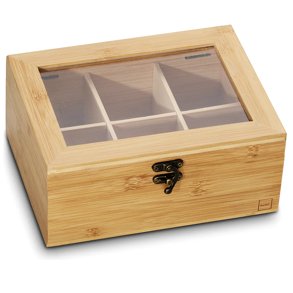 Bambus Schmuckschatulle mit Glastop und 6 Fächern Holzschatulle aus Bambus mit Glastop und sechs Fächern, Messingverschluss, zur Aufbewahrung von Schmuck und Accessoires