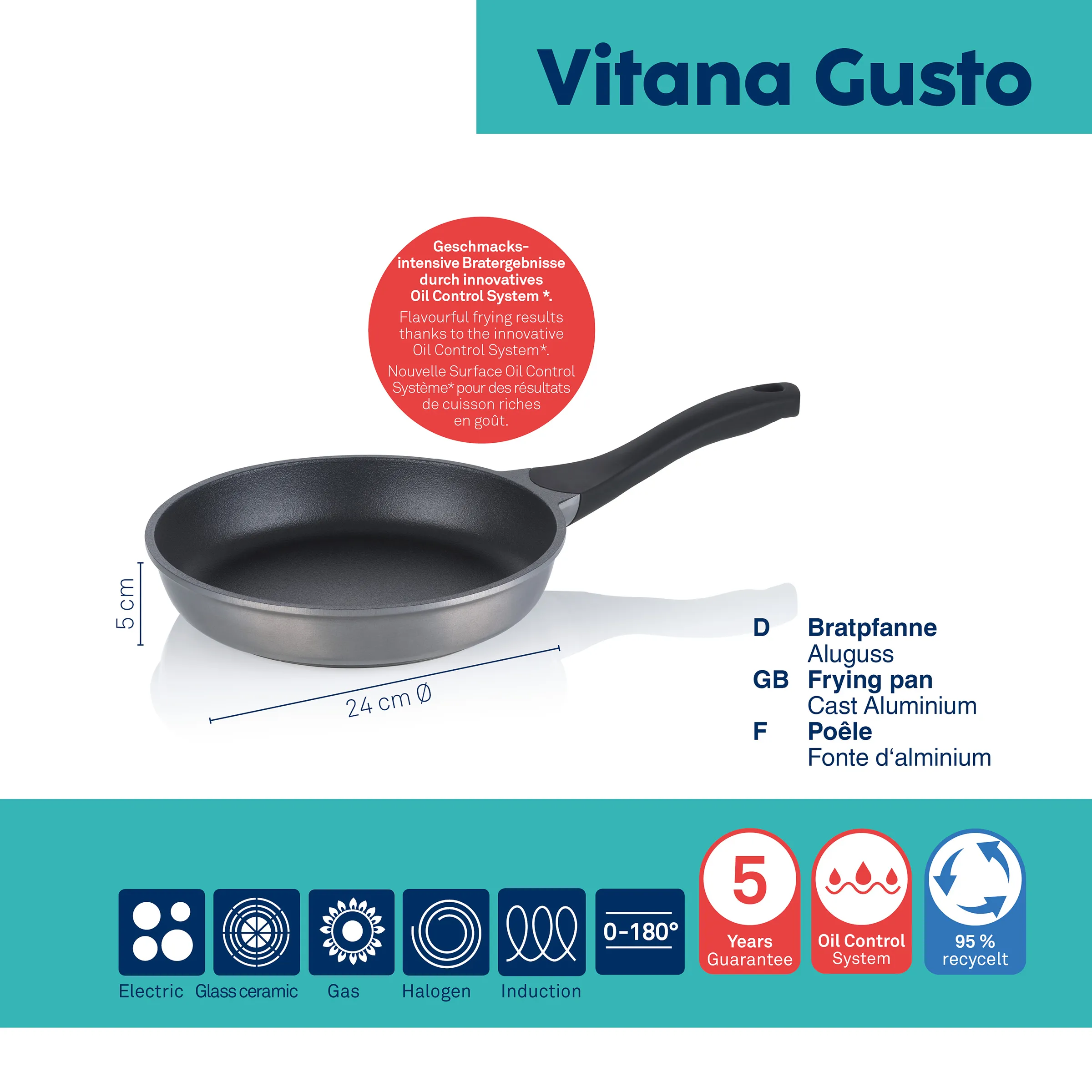 Vitana Gusto Bratpfanne Aluguss 24 cm mit Oil Control System Vitana Gusto Bratpfanne 24 cm mit schwarzem Griff, Aluguss, Höhe 5 cm, Overhead-Ansicht mit Produktinformationen