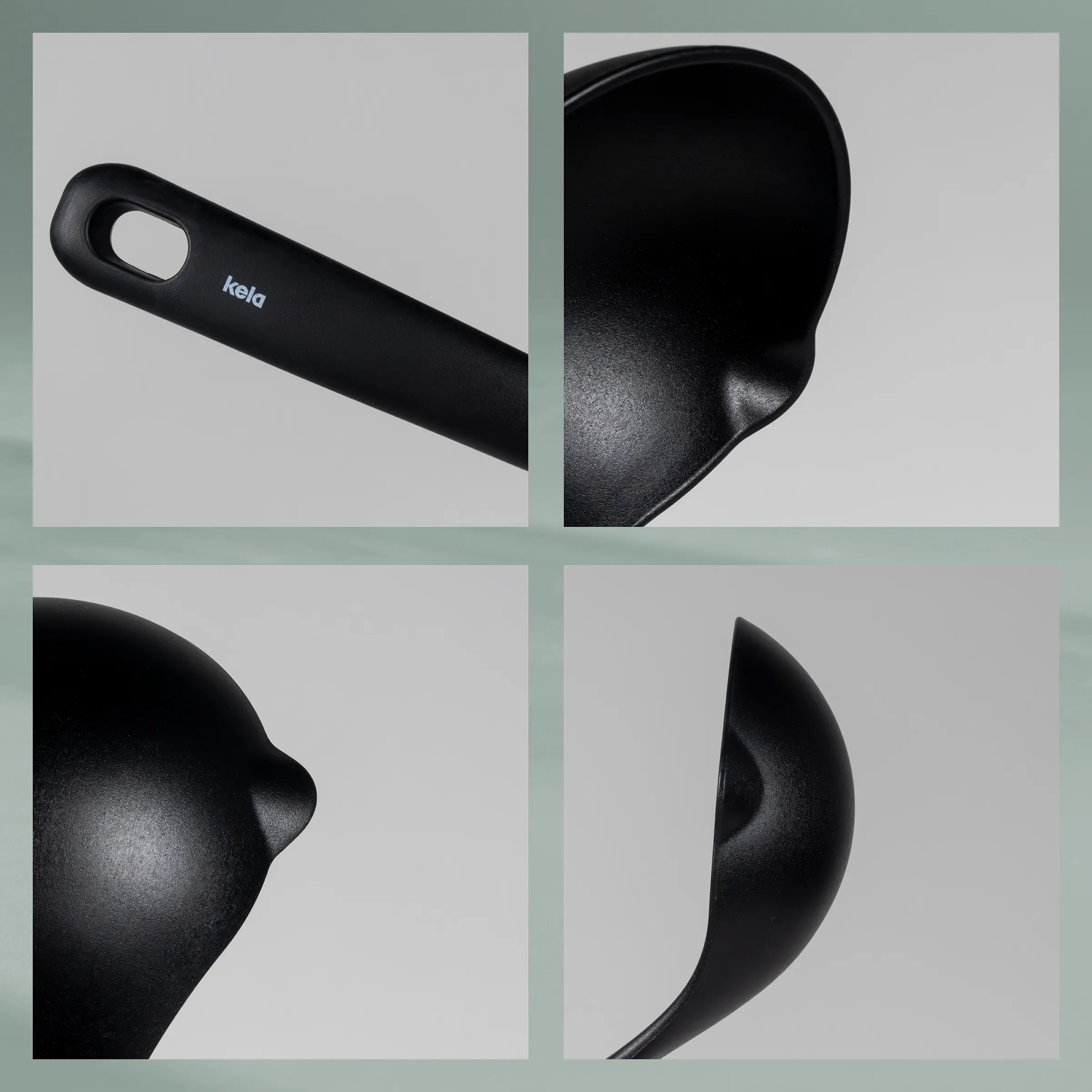 Kela Küchenhelfer schwarz – ergonomische Küchenwerkzeuge Detail Schwarze Kela Küchenhelfer mit ergonomischem Griff in vier Detailansichten auf hellem Hintergrund